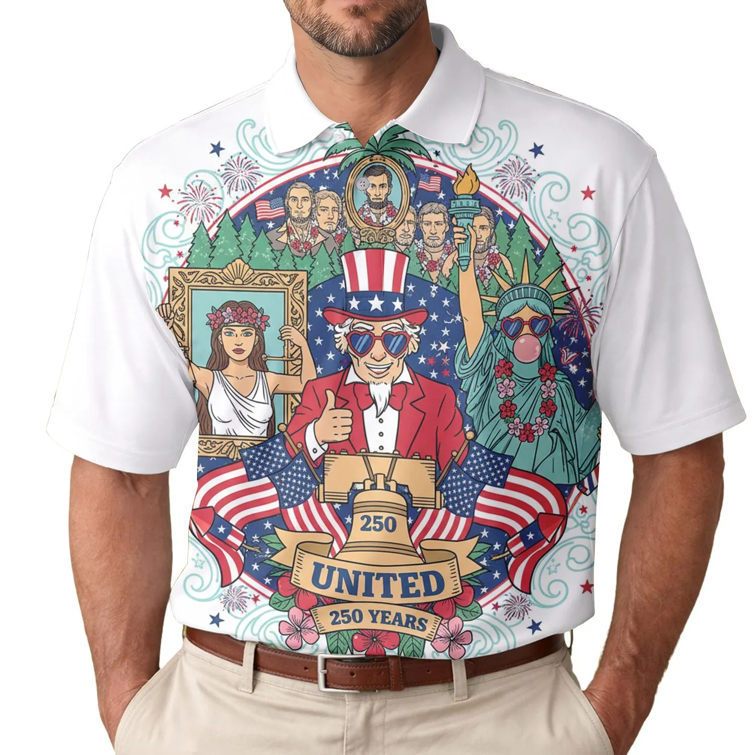 America 250th Anniversary Polo Patriotic Art: Uncle Sam, Liberty, Rushmore Design Men's Polo Shirt (Lightweight) - 1
