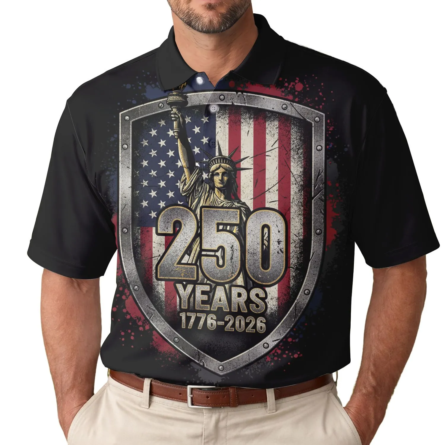 America 250th Semiquincentennial Liberty Shield 1776-2026 Weathered Flag Grunge Patriot Men's Polo Shirt (Lightweight) - 1
