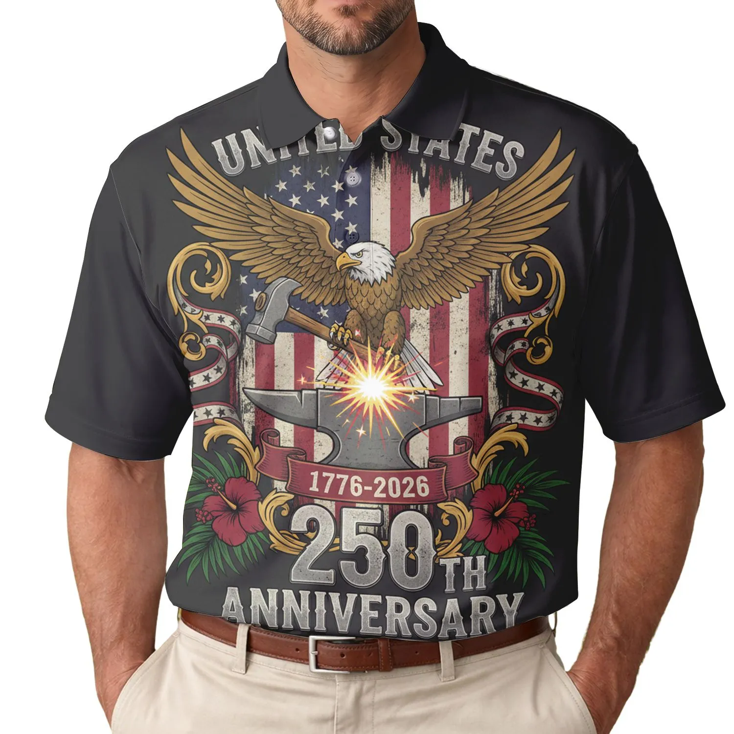America's 250th Anniversary Eagle Anvil 1776-2026 Flag Palm Hibiscus Design Men's Polo Shirt (Lightweight) - 1