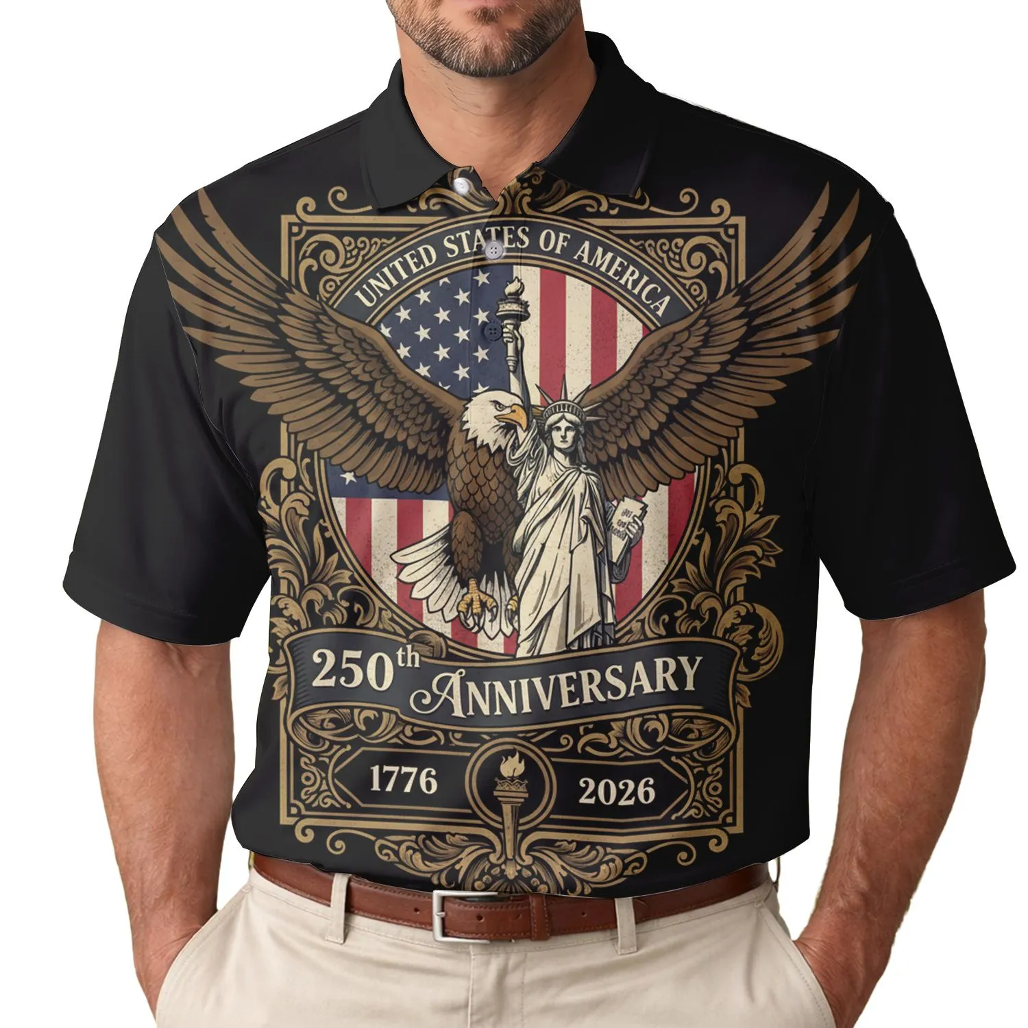 USA 250th Anniversary Historic Eagle Lady Liberty Flag 1776 2026 Ornate Gold Bronze Men's Polo Shirt (Lightweight) - 1