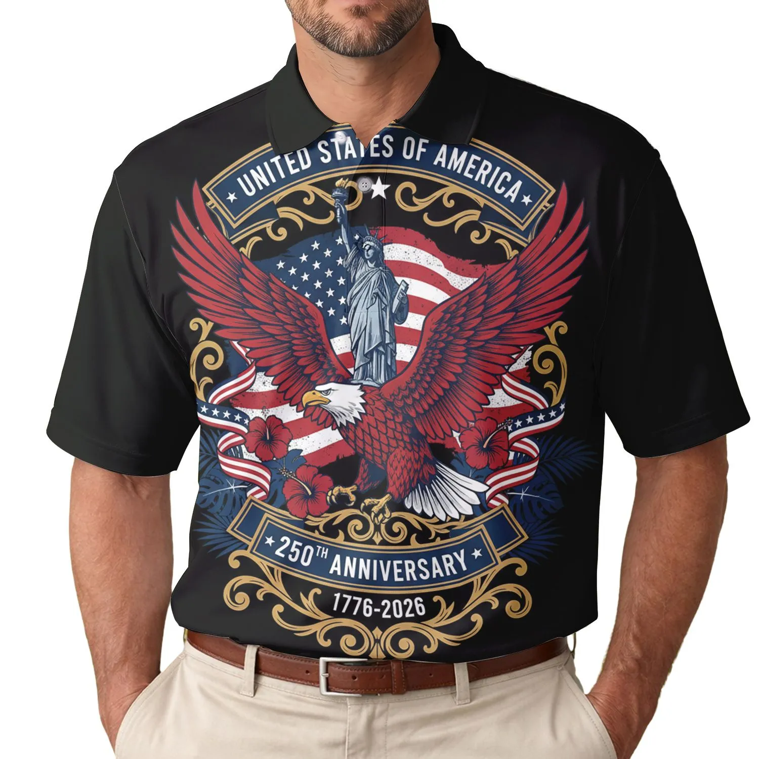 America 250th Birthday Eagle Liberty Distressed Flag Polo Patriot Men's Polo Shirt (Lightweight) - 1