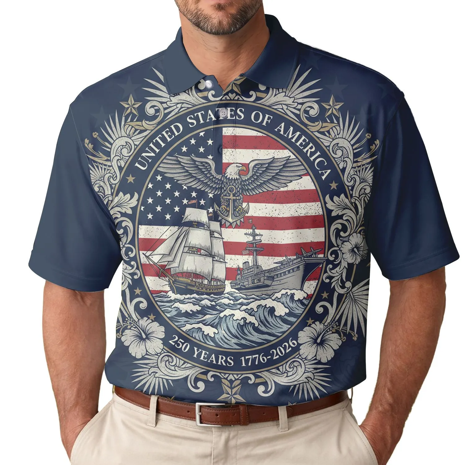 USA 250th Anniversary Naval Power: Bald Eagle, Tall Ship, Carrier, Patriotic Polo Palm Men's Polo Shirt (Lightweight) - 1