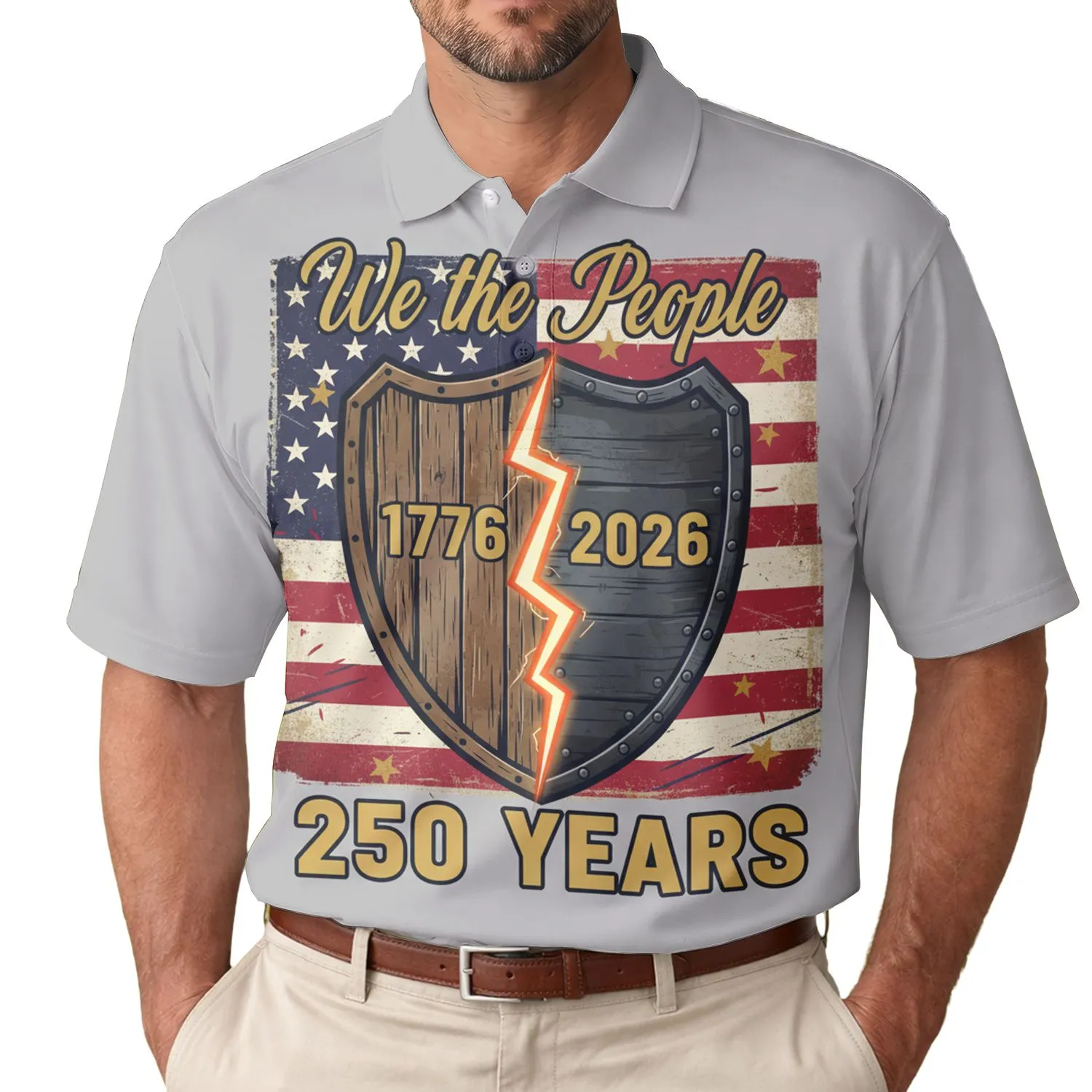 USA 250th Birthday Patriotic Polo Flag Shield 1776-2026 'We the People' Graphic Men's Polo Shirt (Lightweight) - 1