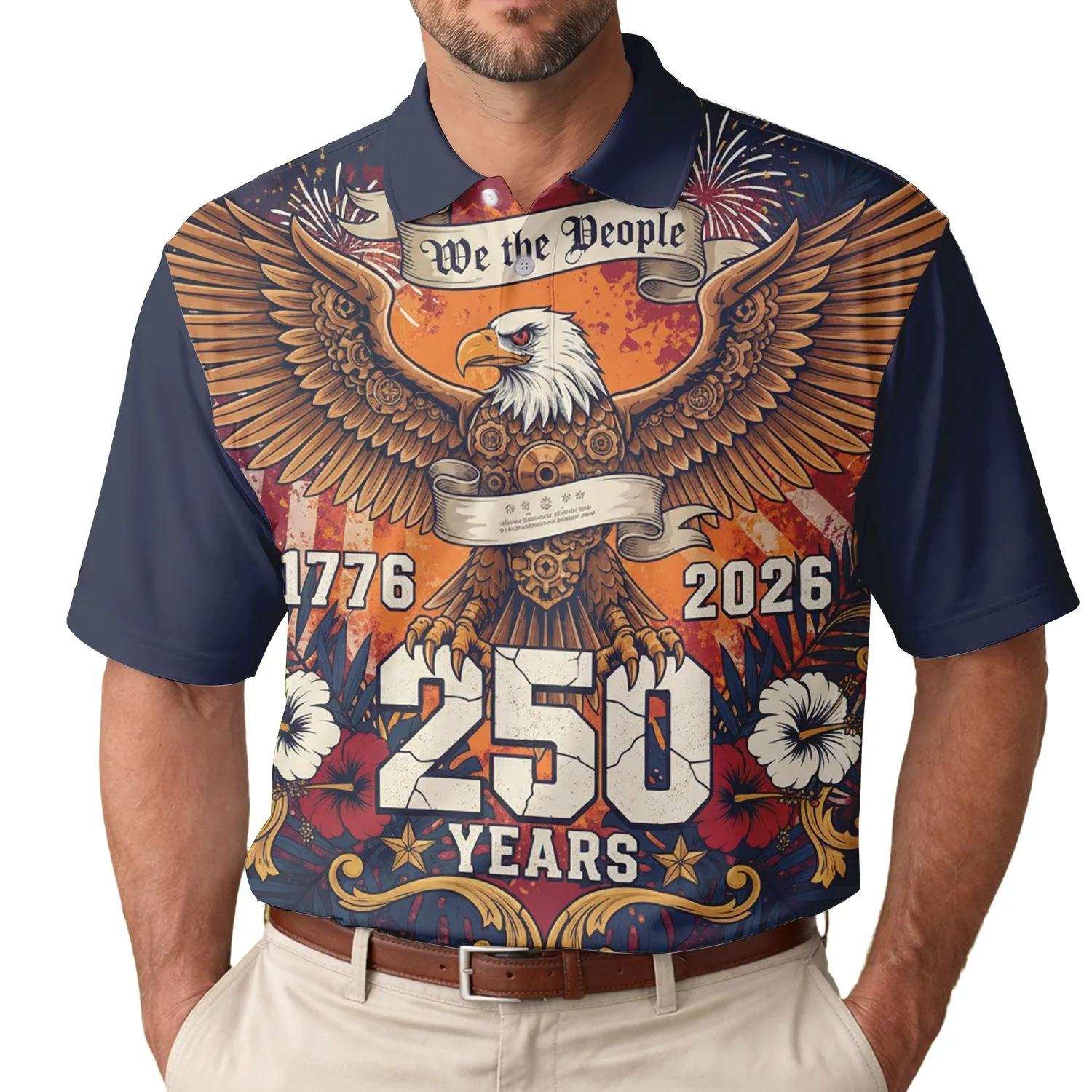 Patriotic Cyber-Steampunk Eagle We The People 1776-2026 America's 250th Tropical Men's Polo Shirt (Lightweight) - 1