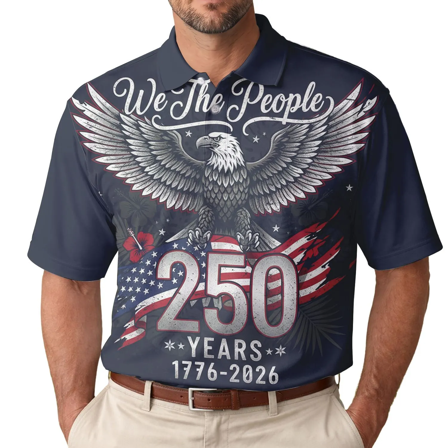 USA 250th Anniversary: We The People Bald Eagle 1776-2026 Distressed Flag Ribbon Men's Polo Shirt (Lightweight) - 1