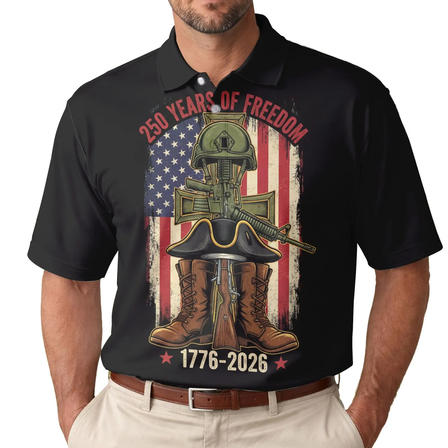 USA 250th Anniversary Patriotic Flag Tribute: Battlefield Cross, Musket & Helmet Design Men's Polo Shirt (Lightweight) - 1