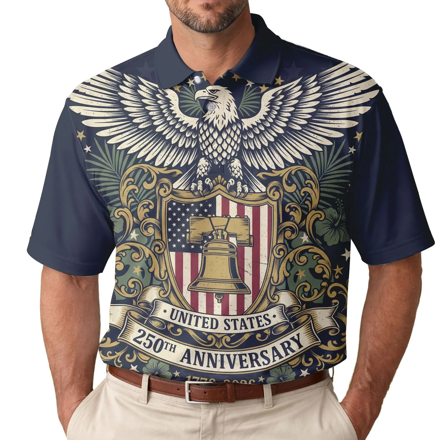 America 250th Eagle Liberty Bell 1776-2026 Gold Scrollwork Patriotic Tropical Men's Polo Shirt (Lightweight) - 1