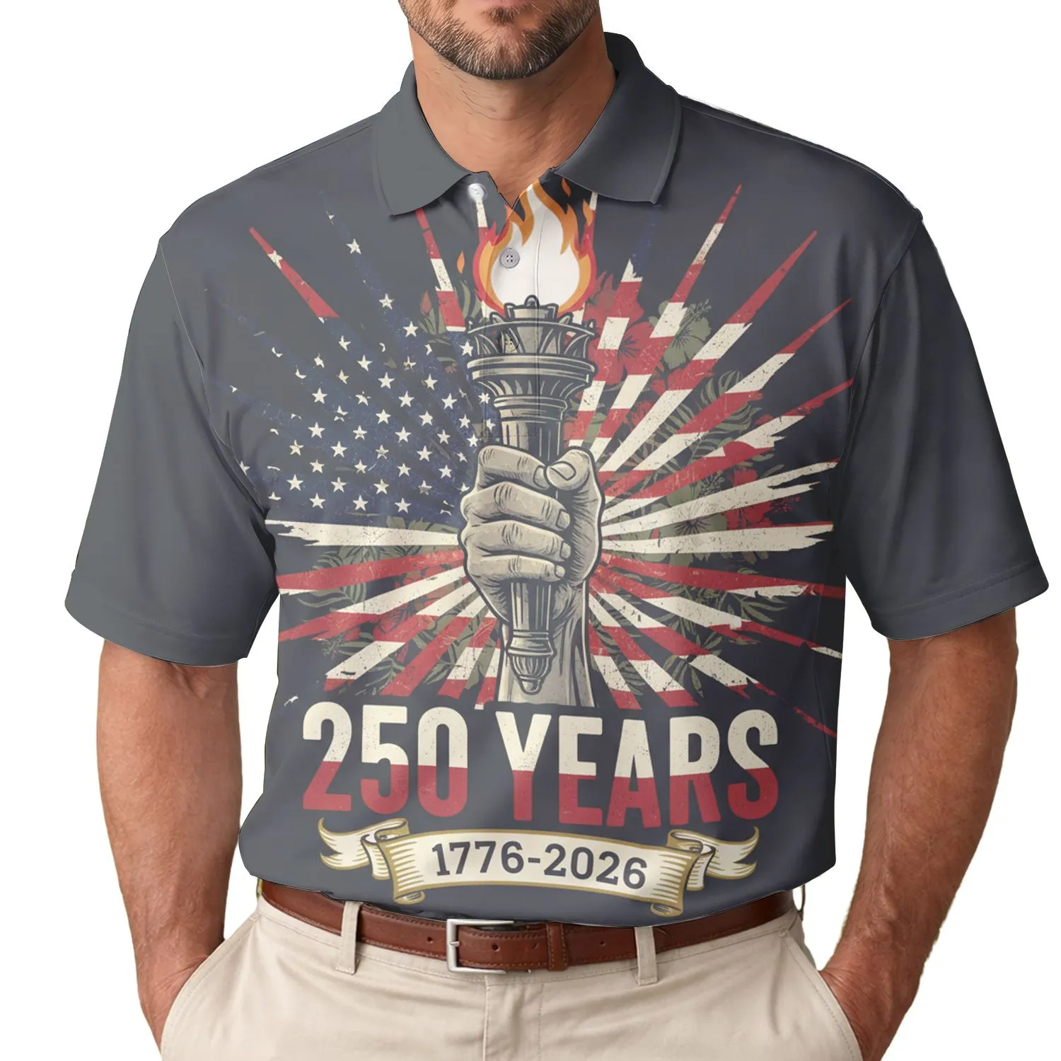 America's 250th Anniversary: Patriotic Liberty Torch Hand Emblem, Est. 1776-2026 Men's Polo Shirt (Lightweight) - 1