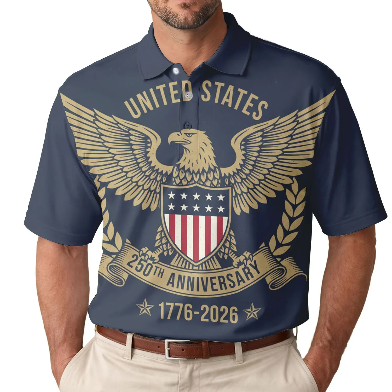 USA 250th Anniversary Eagle Shield 1776-2026 Laurel Wreath Emblem Men's Polo Shirt (Lightweight) - 1