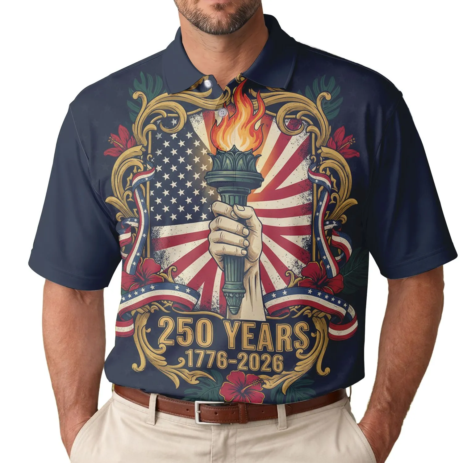 America 250th Birthday Liberty Torch Hand Flag Gold Scroll Tropical Frame 1776 Men's Polo Shirt (Lightweight) - 1