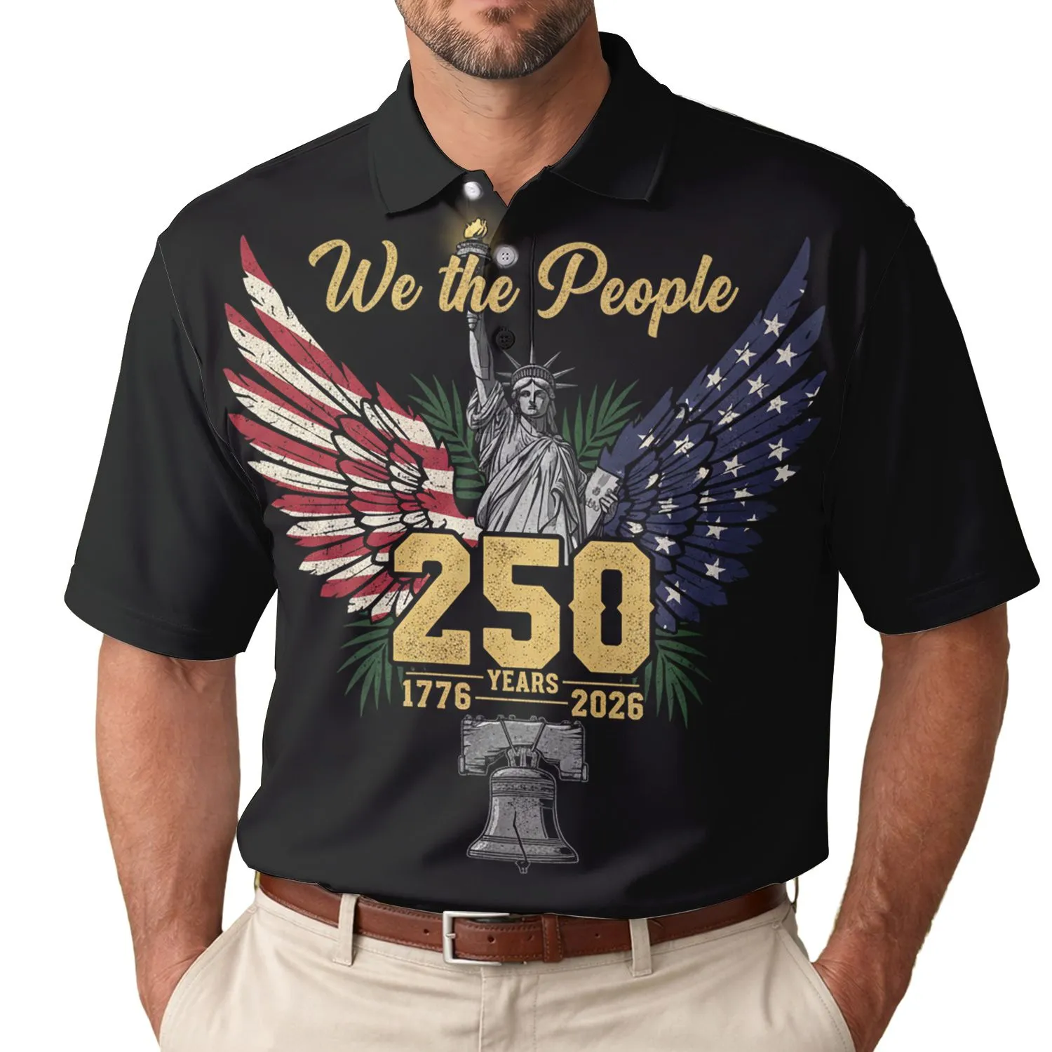 America 250th Anniversary Patriotic Statue of Liberty 'We The People' Flag Wings Emblem Men's Polo Shirt (Lightweight) - 1