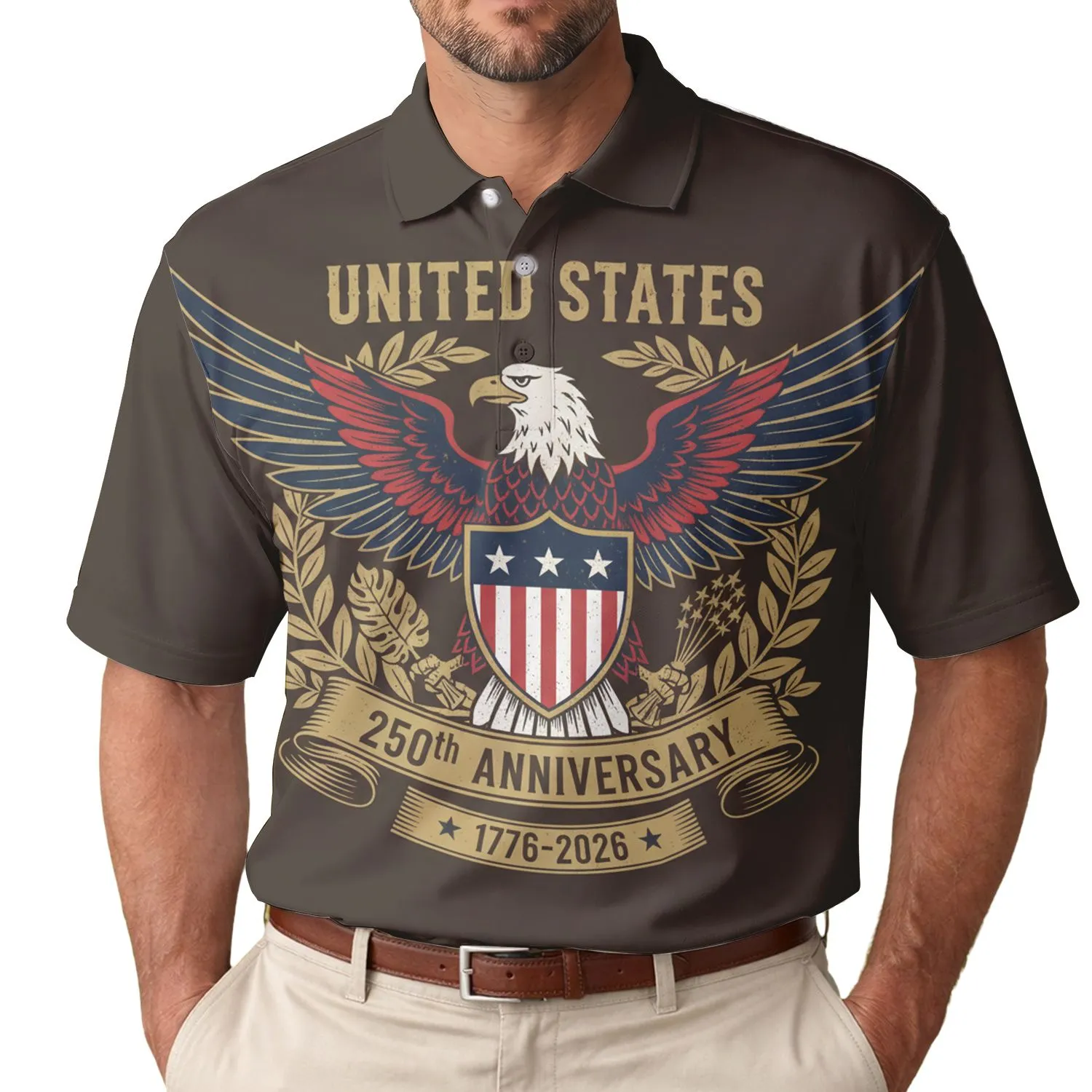 USA 250th Birthday Eagle Shield 1776-2026 Distressed Gold Tropical Patriotic Men's Polo Shirt (Lightweight) - 1