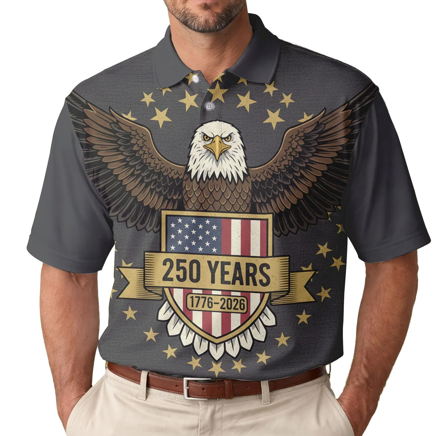 USA 250th Anniversary Eagle Shield 1776-2026 Distressed Flag Star Design Men's Polo Shirt (Lightweight) - 1