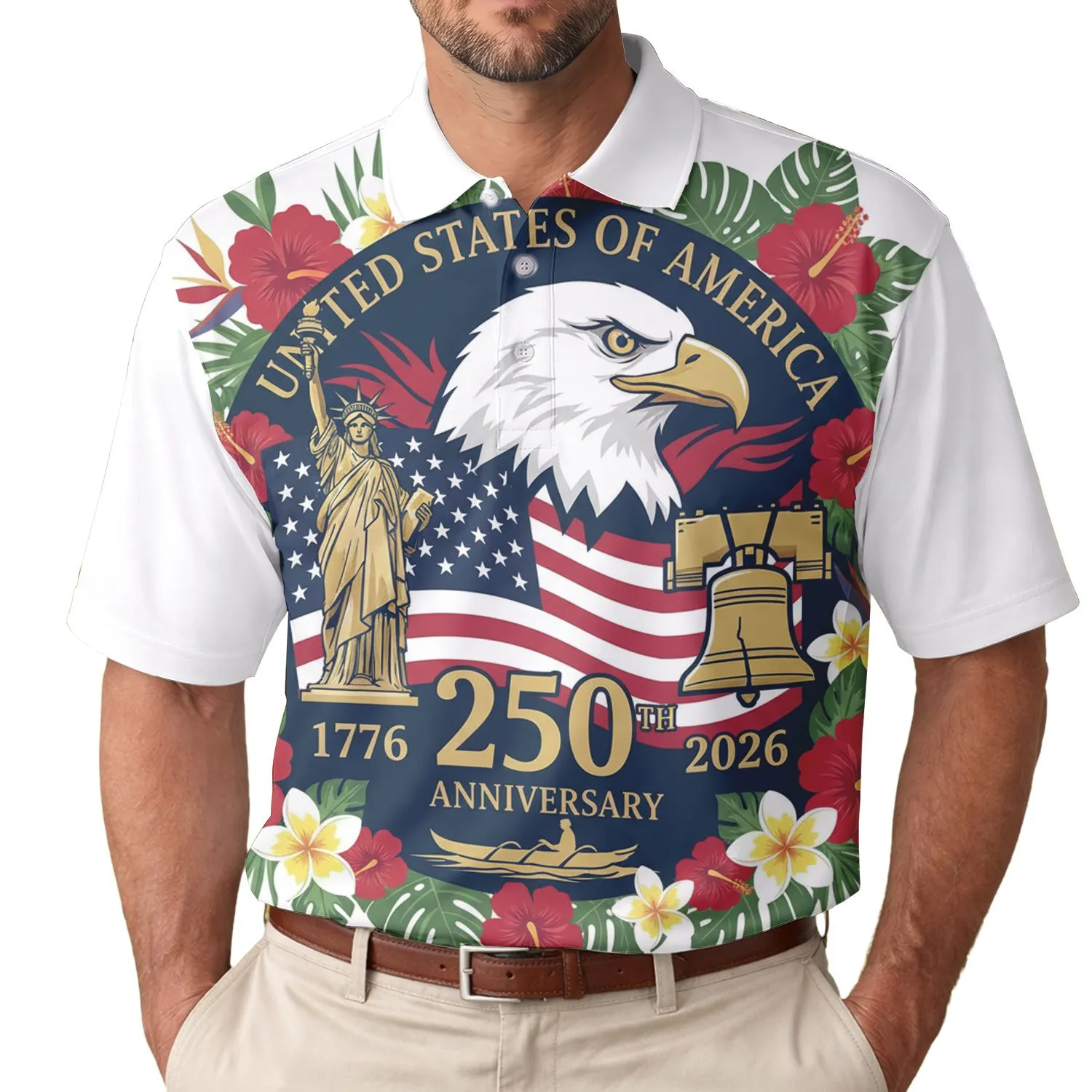 America 250th Anniversary: Bald Eagle Flag Statue Liberty Bell 1776 2026 Tropical Men's Polo Shirt (Lightweight) - 1