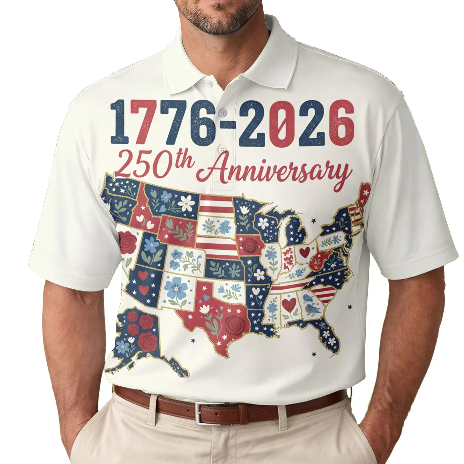 Semiquincentennial 1776-2026: America 250th Map Quilt with Patriotic Stars, Roses, Wildflowers Men's Polo Shirt (Lightweight) - 1