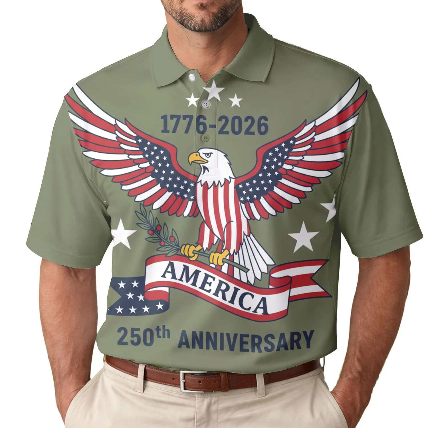 America 250th Anniversary Eagle Tropical 1776-2026 Flag Colors Olive Branch Men's Polo Shirt (Lightweight) - 1