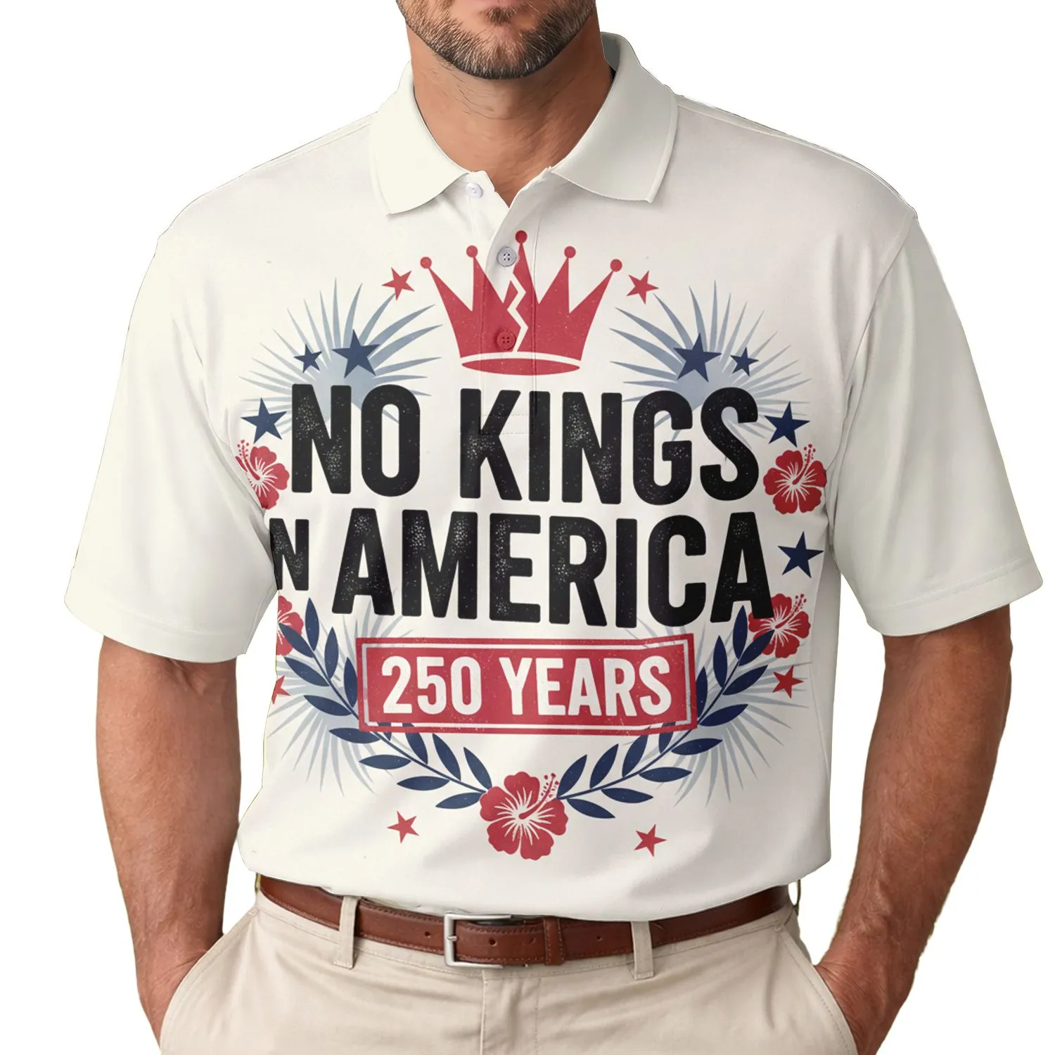 America 250th Anniversary 'No Kings' Crown Patriotic Tropical Statement Men's Polo Shirt (Lightweight) - 1