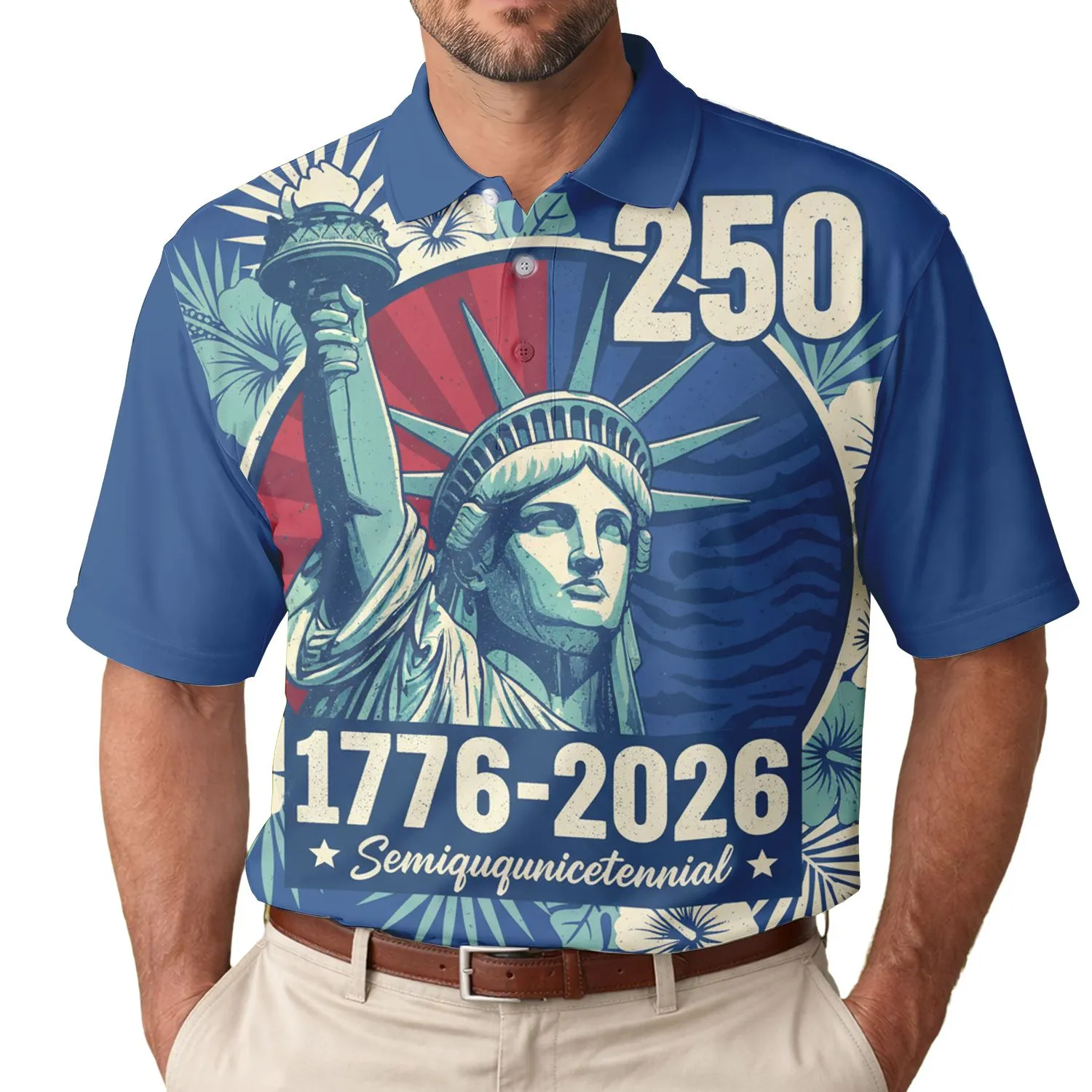 America 250th Anniversary Statue Liberty Distressed Sunburst Patriotic Tropical 1776-2026 Men's Polo Shirt (Lightweight) - 1