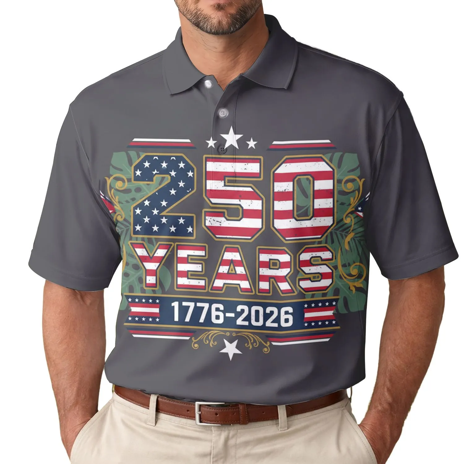America's 250th Semiquincentennial: Polo '250 Years' 1776-2026 Distressed Stars Stripes Art Men's Polo Shirt (Lightweight) - 1
