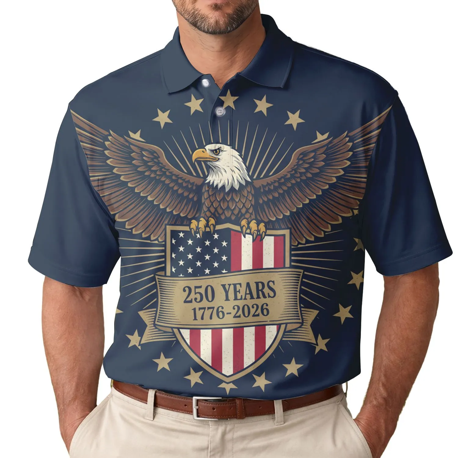 USA 250th Anniversary Eagle Shield Outstretched Wings Flag Motif 1776 Stars Banner Men's Polo Shirt (Lightweight) - 1