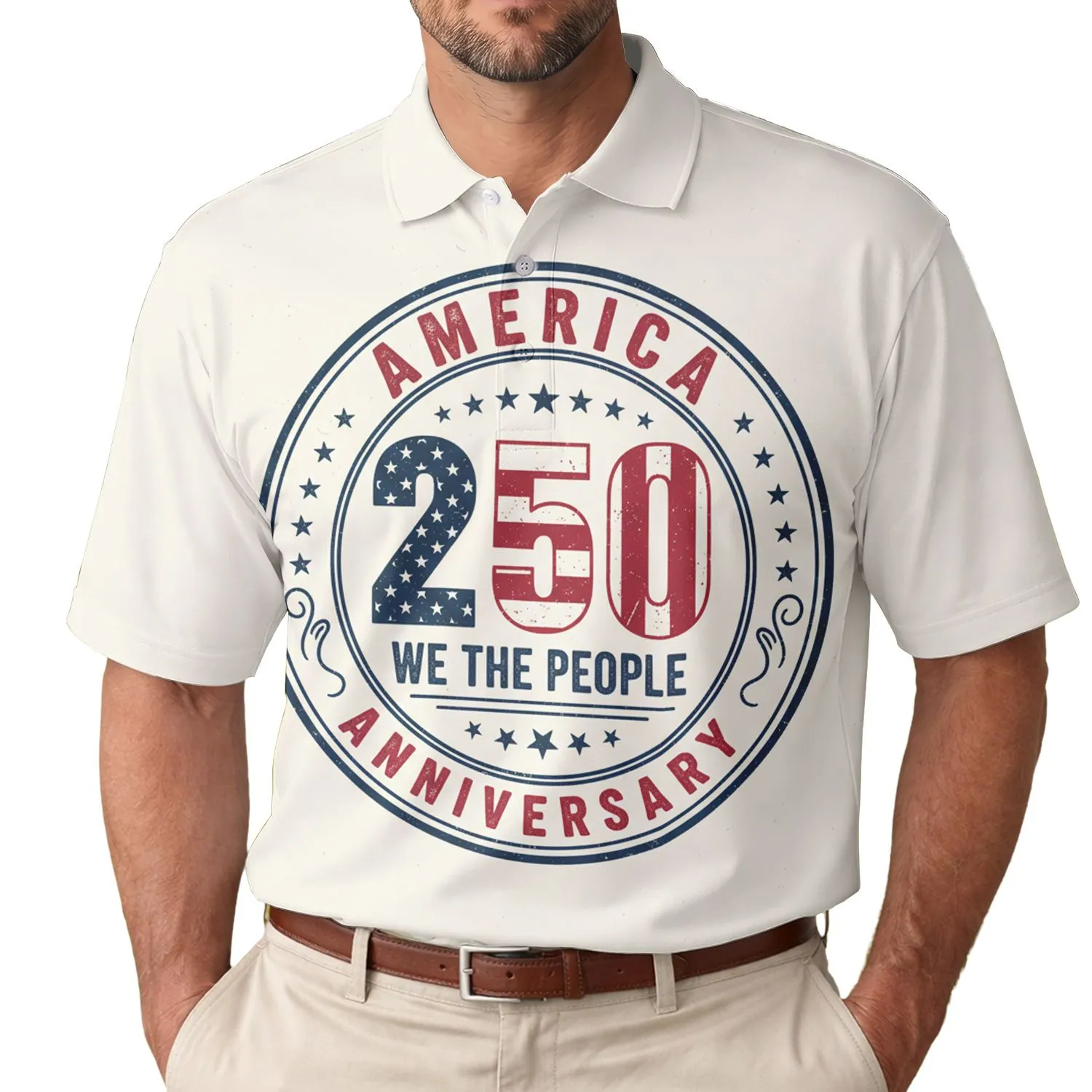 America 250th Anniversary Patriotic Polo Emblem: We The People Stars Stripes Men's Polo Shirt (Lightweight) - 1