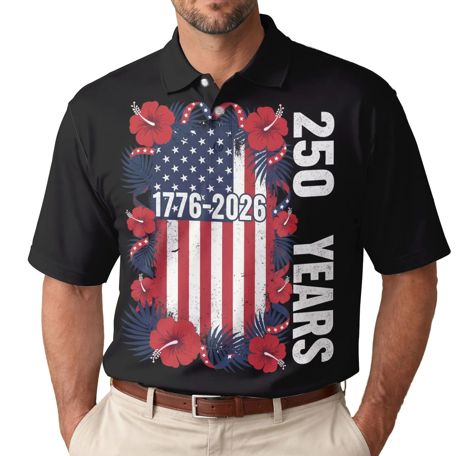 America 250th Birthday Commemoration: Distressed US Flag, 1776-2026, Tropical Hibiscus Men's Polo Shirt (Lightweight) - 1