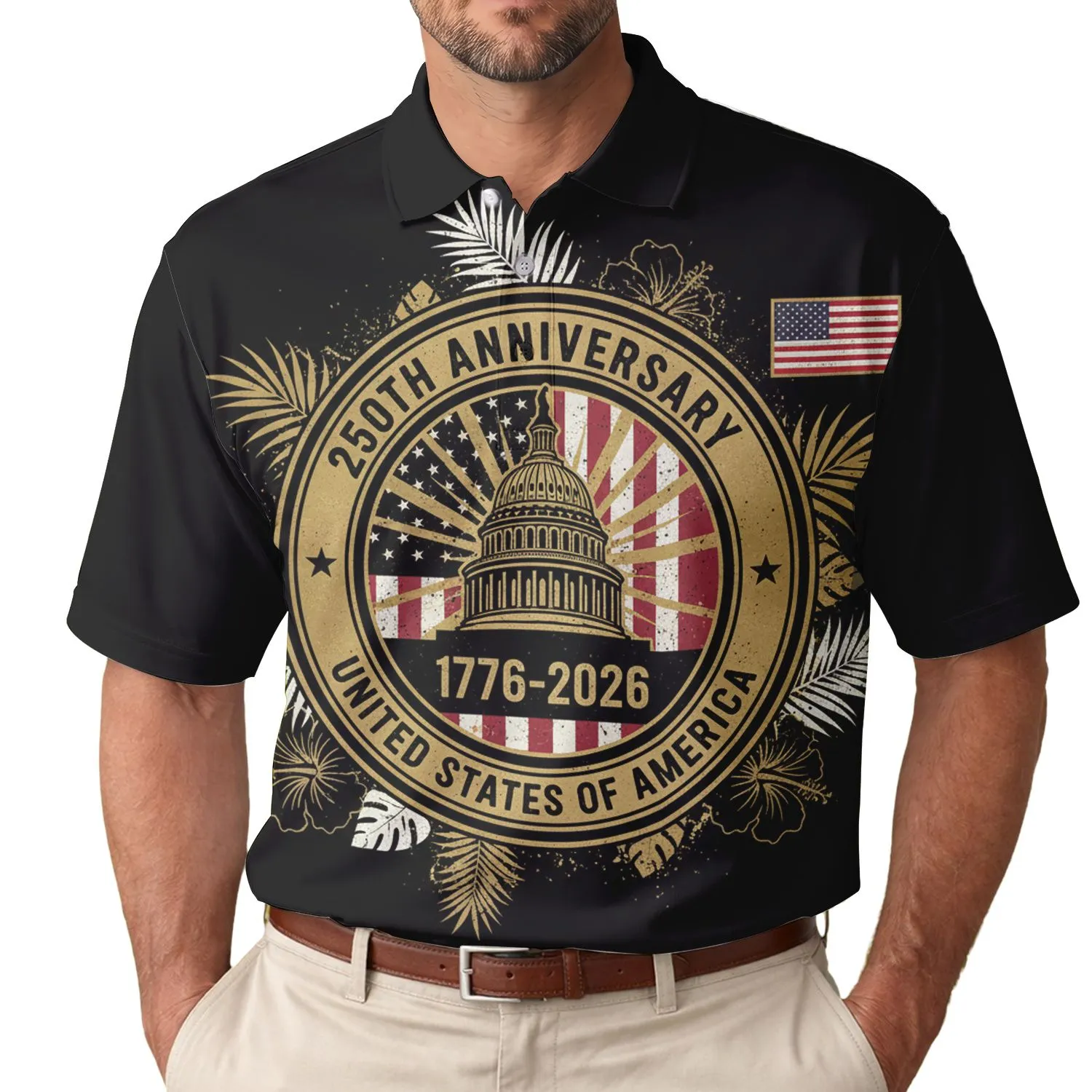 America 250th Anniversary Distressed Emblem, Capitol Dome, Tropical Palm & Hibiscus Men's Polo Shirt (Lightweight) - 1