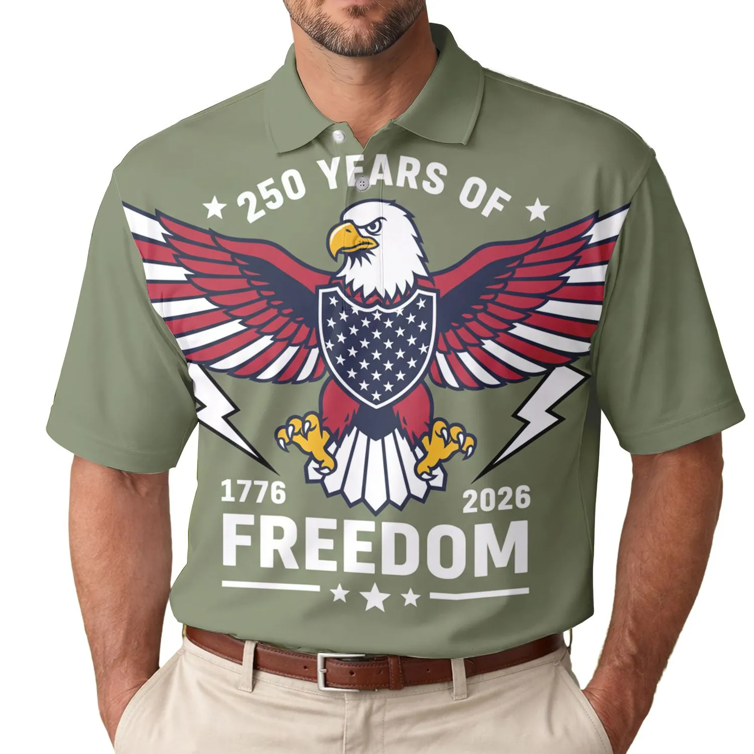 America 250th Bald Eagle Freedom: Polo Stars Stripes 1776 2026 Olive Green Design Men's Polo Shirt (Lightweight) - 1