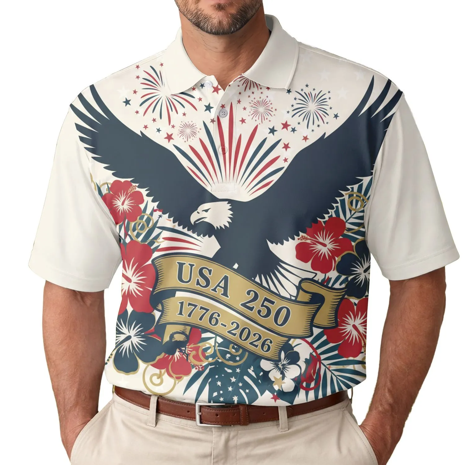 America's 250th: 1776 Patriotic Eagle Fireworks Hibiscus USA 250 Men's Polo Shirt (Lightweight) - 1