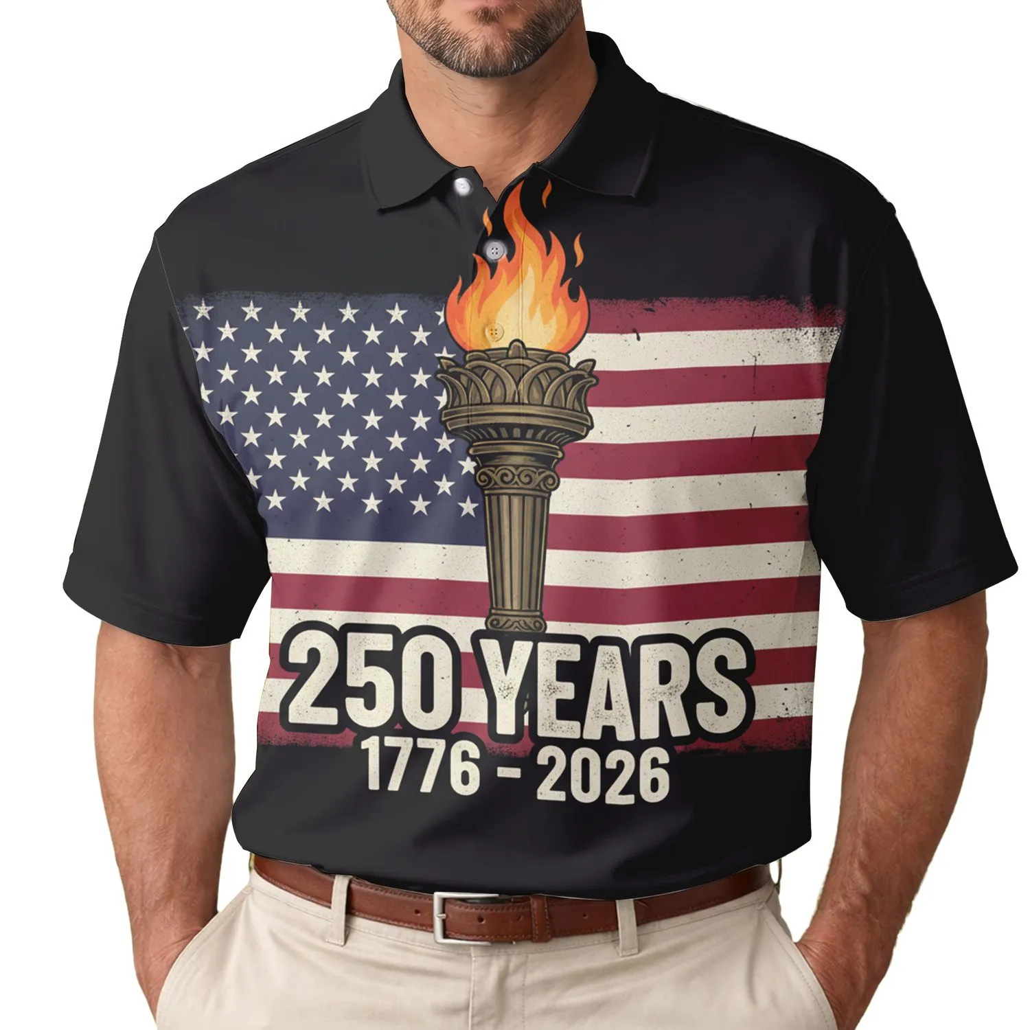 America 250th Birthday Distressed Flag Torch of Liberty 1776-2026 Commemoration Men's Polo Shirt (Lightweight) - 1