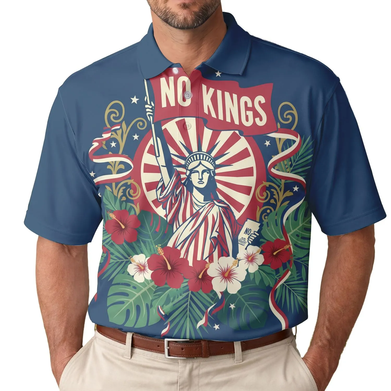 America 250th Anniversary Liberty 1776 No Kings Patriotic Tropical Colonial Blue Gold Men's Polo Shirt (Lightweight) - 1