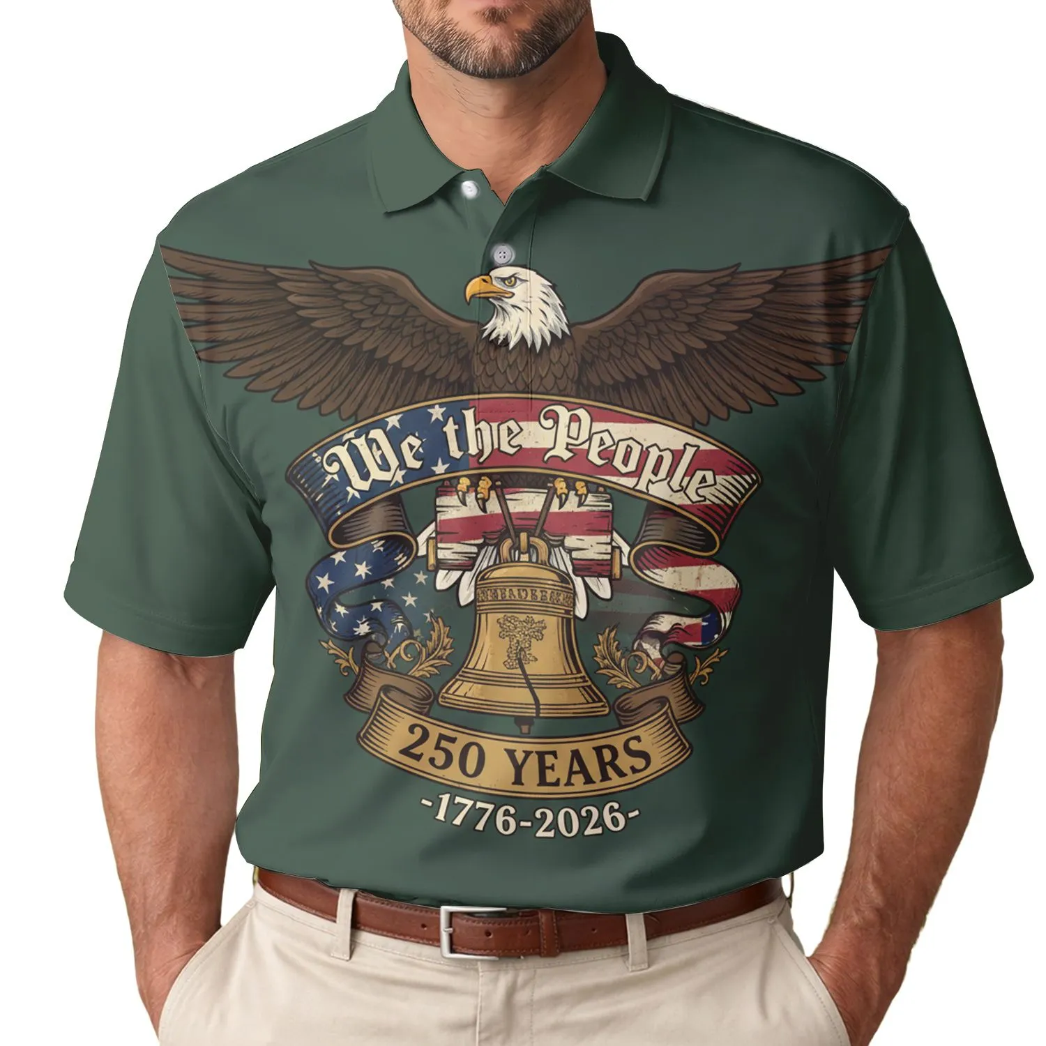 America 250th Bald Eagle We The People Liberty Bell 1776-2026 Polo Patriotic Design Men's Polo Shirt (Lightweight) - 1