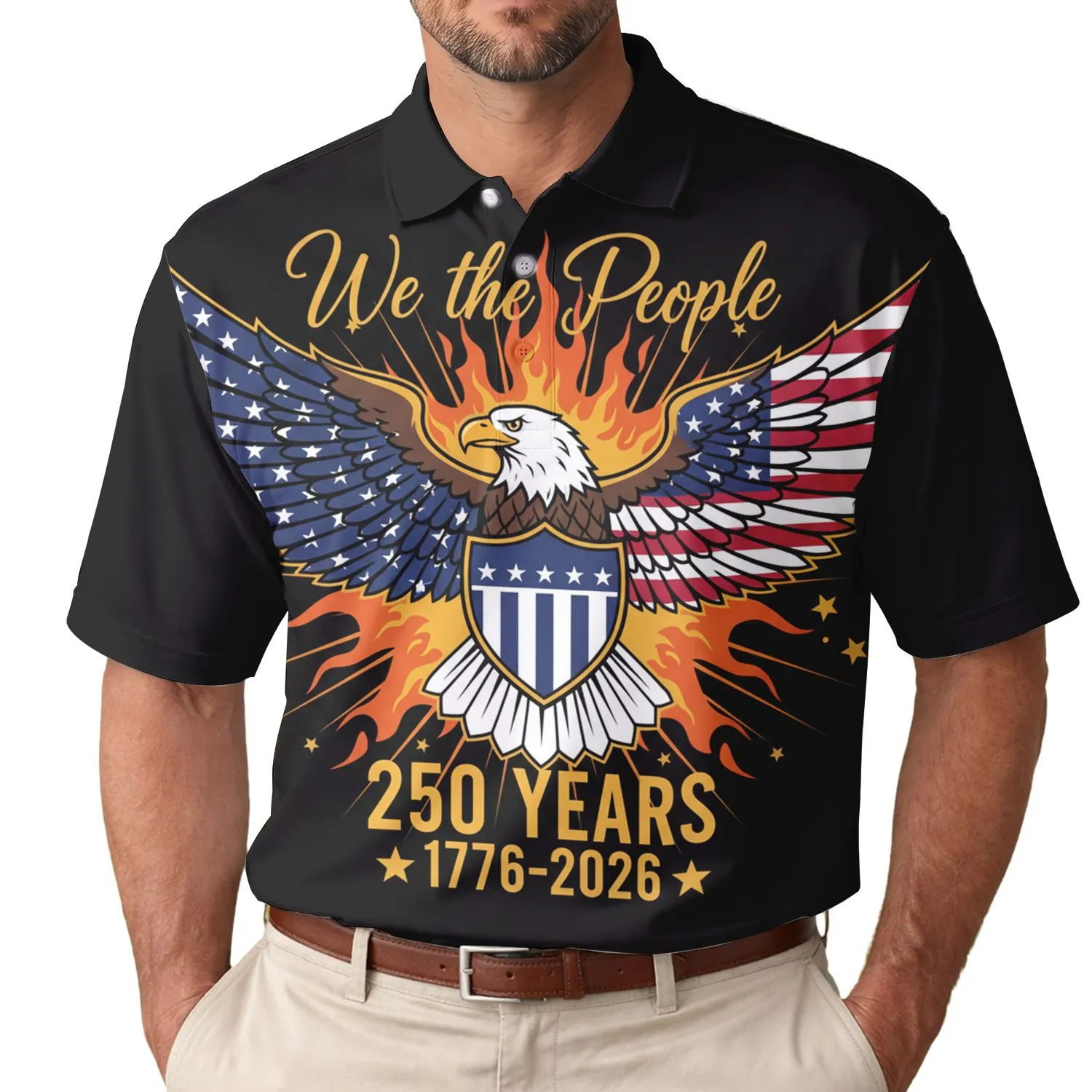 America 250th Anniversary Patriotic Eagle: We The People Flag Wings Shield 1776-2026 Commemoration Men's Polo Shirt (Lightweight) - 1