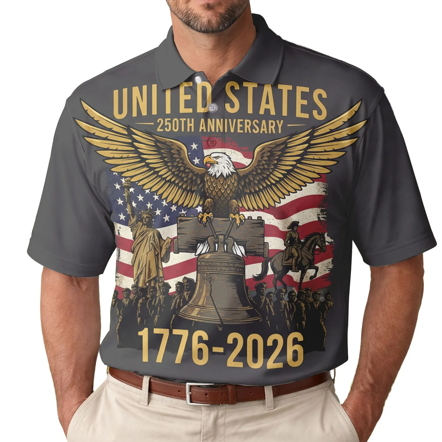 America's 250th Eagle Liberty Bell Flag Statue Colonial Rider Art 1776-2026 Men's Polo Shirt (Lightweight) - 1