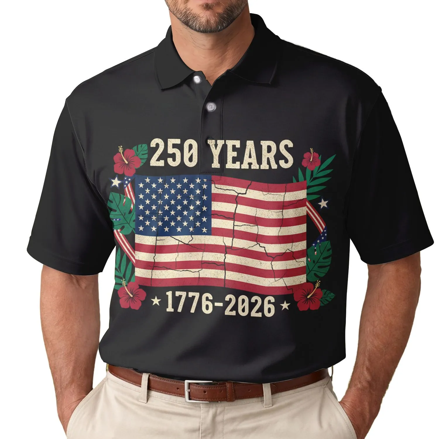 America 250th Anniversary Patriotic Flag Distressed Tropical Vintage 1776-2026 Men's Polo Shirt (Lightweight) - 1