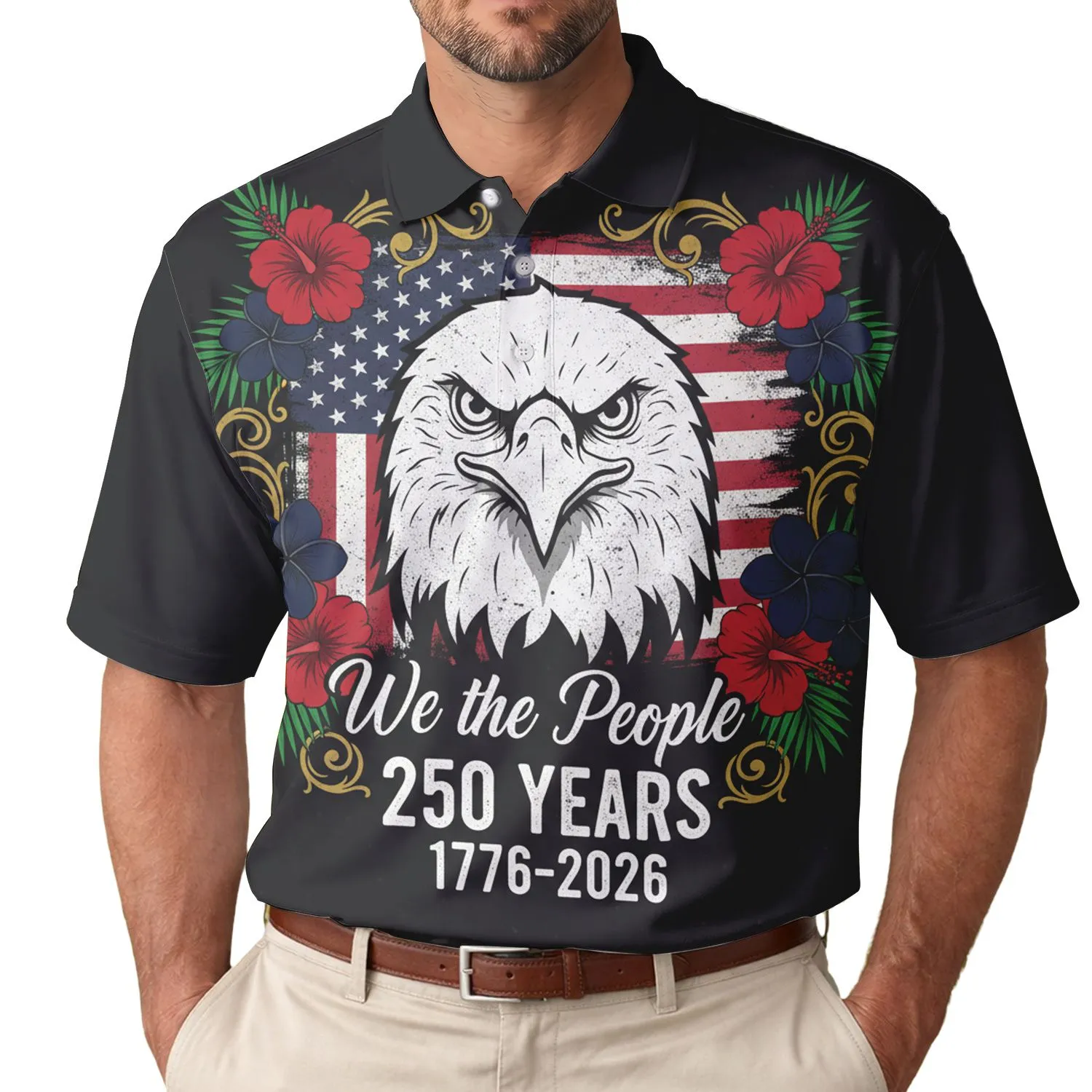 America 250th: We the People 1776 Distressed Eagle Flag Tropical Hibiscus Plumeria Men's Polo Shirt (Lightweight) - 1