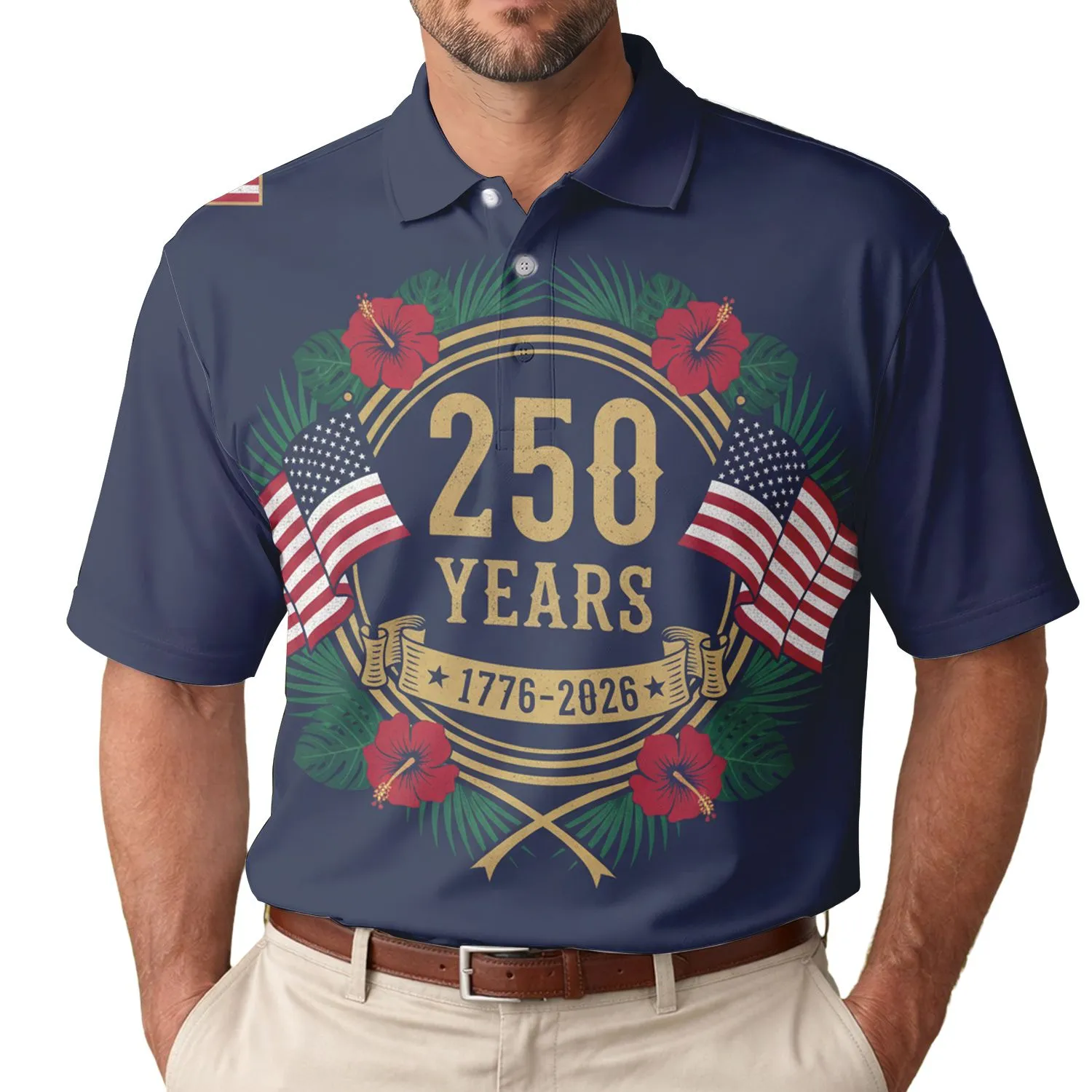 USA 250th Birthday Patriotic Polo Flags Laurel Wreath Hibiscus 1776-2026 Men's Polo Shirt (Lightweight) - 1