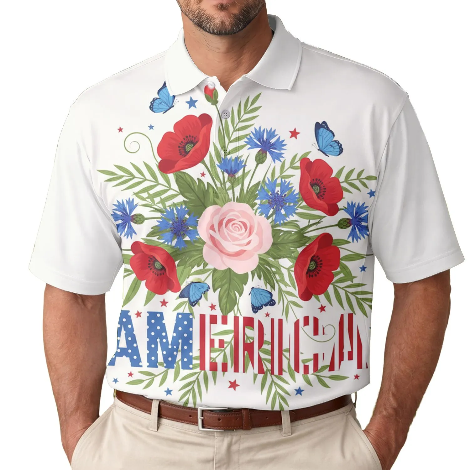 America 250th Anniversary Floral Poppies Cornflowers Rose AMERICA Polka Dot Stripes Men's Polo Shirt (Lightweight) - 1