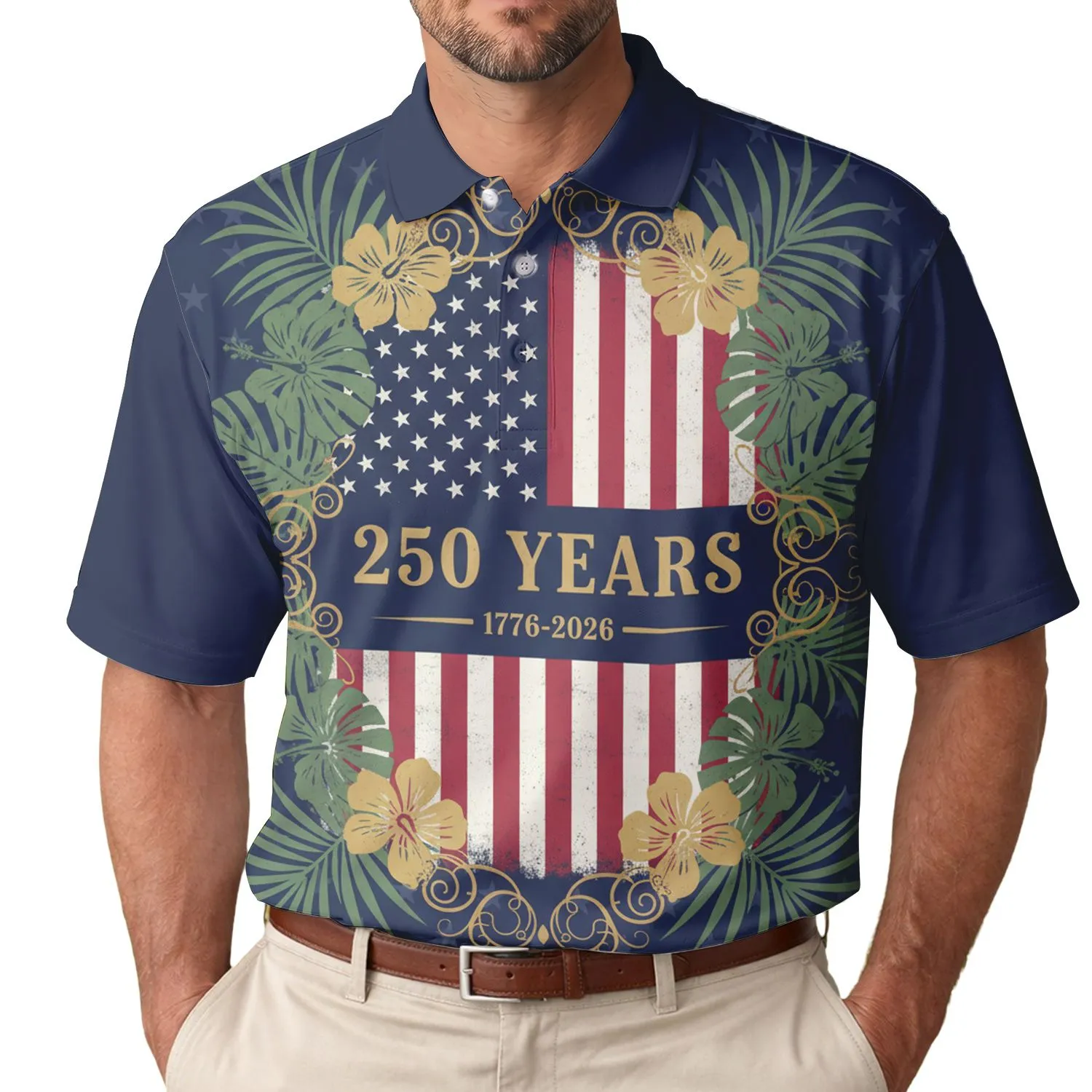 USA 250th Birthday Distressed Flag Tropical Palm Gold Scrollwork Stars Men's Polo Shirt (Lightweight) - 1