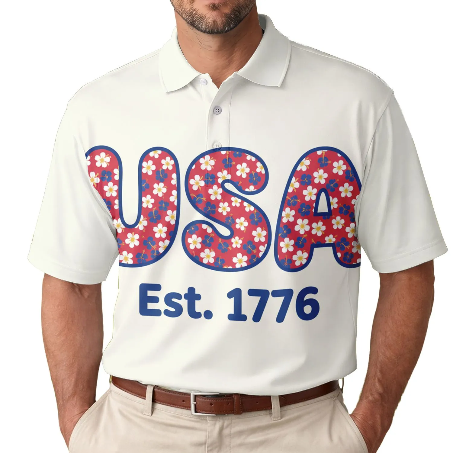 America 250th Est. 1776 Floral USA Crimson Daisy Blue Tropical Cream Design Men's Polo Shirt (Lightweight) - 1