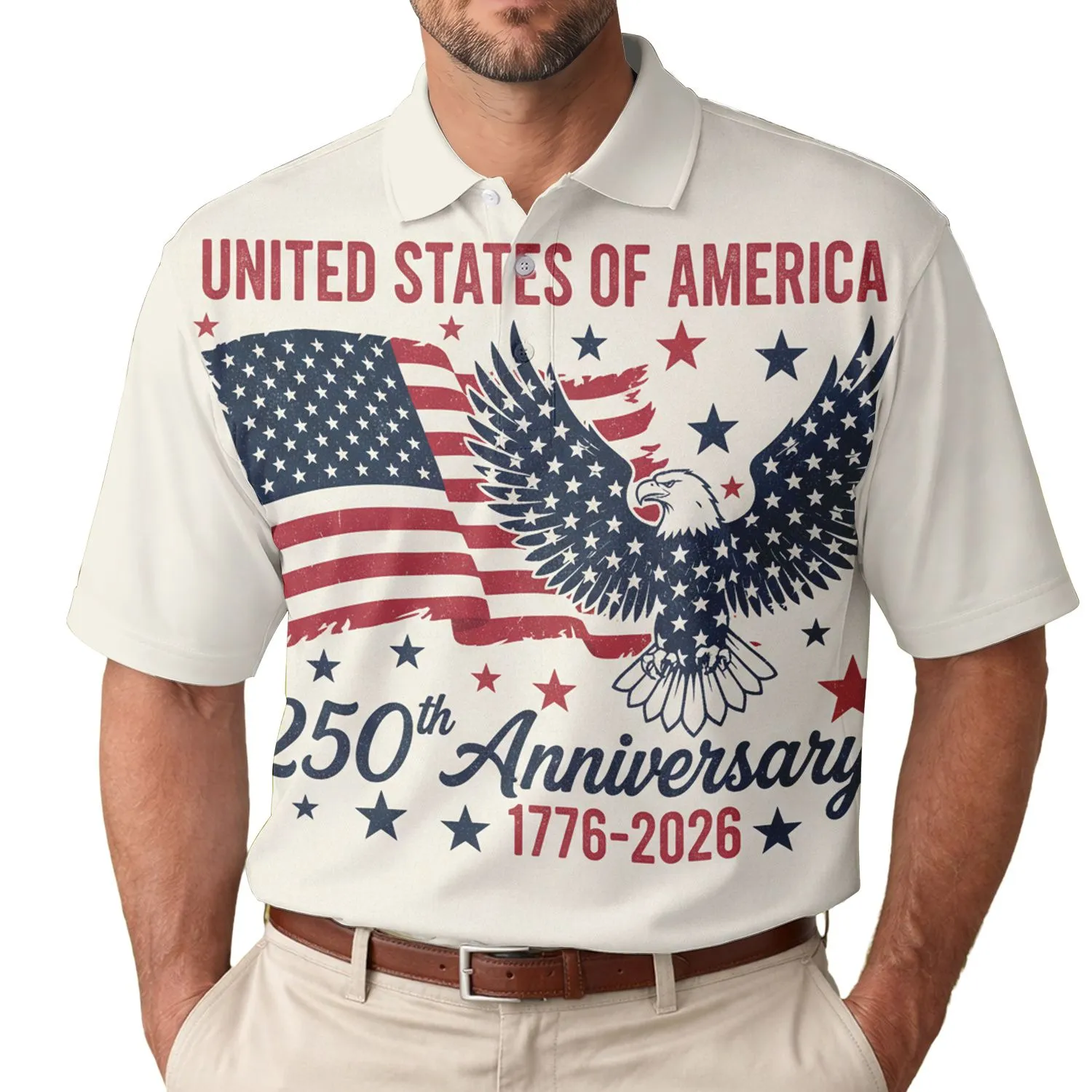 America 250th Anniversary Distressed Flag Eagle 1776-2026 Patriotic Tropical Illustration Men's Polo Shirt (Lightweight) - 1
