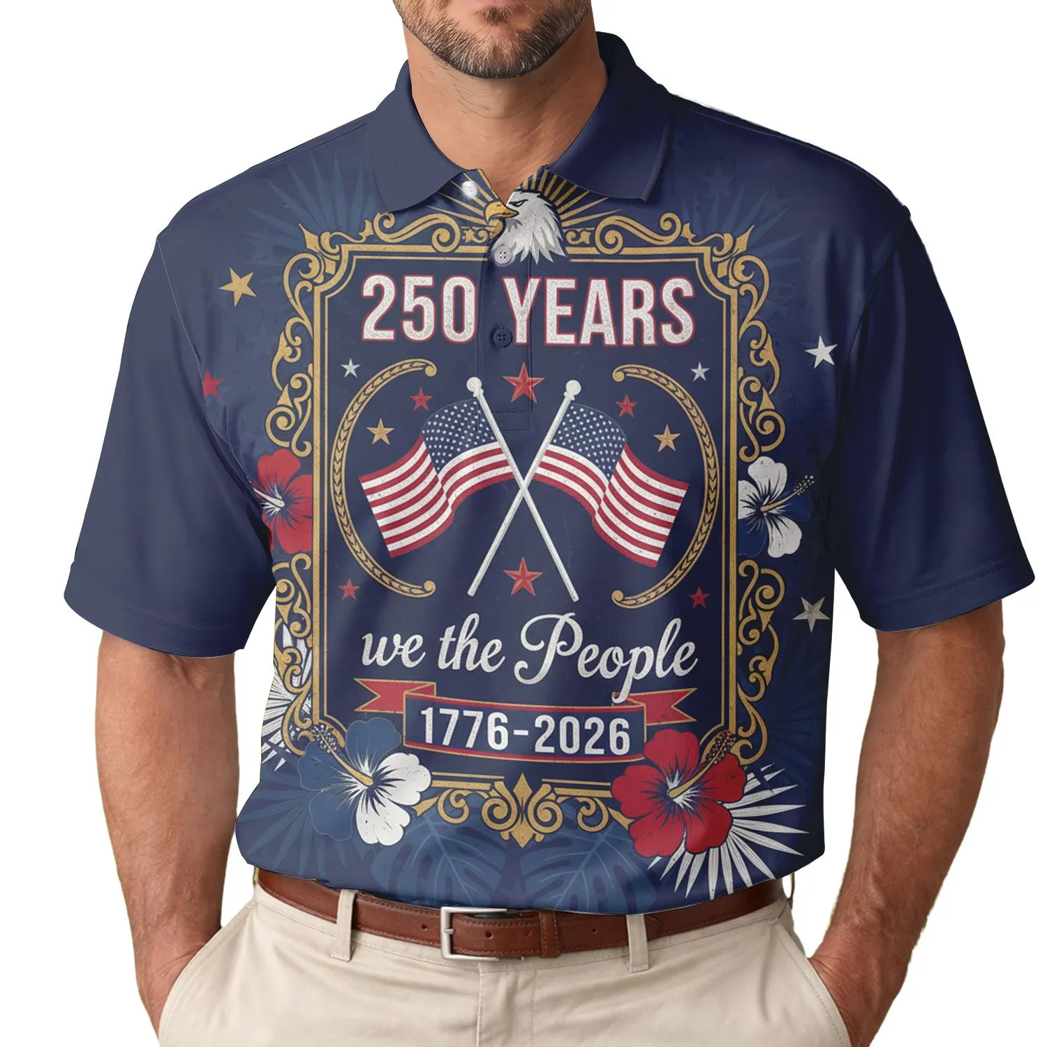 America 250th Anniversary Patriotic Vintage Emblem 'We the People' 1776-2026 Eagle Flags Tropical Men's Polo Shirt (Lightweight) - 1
