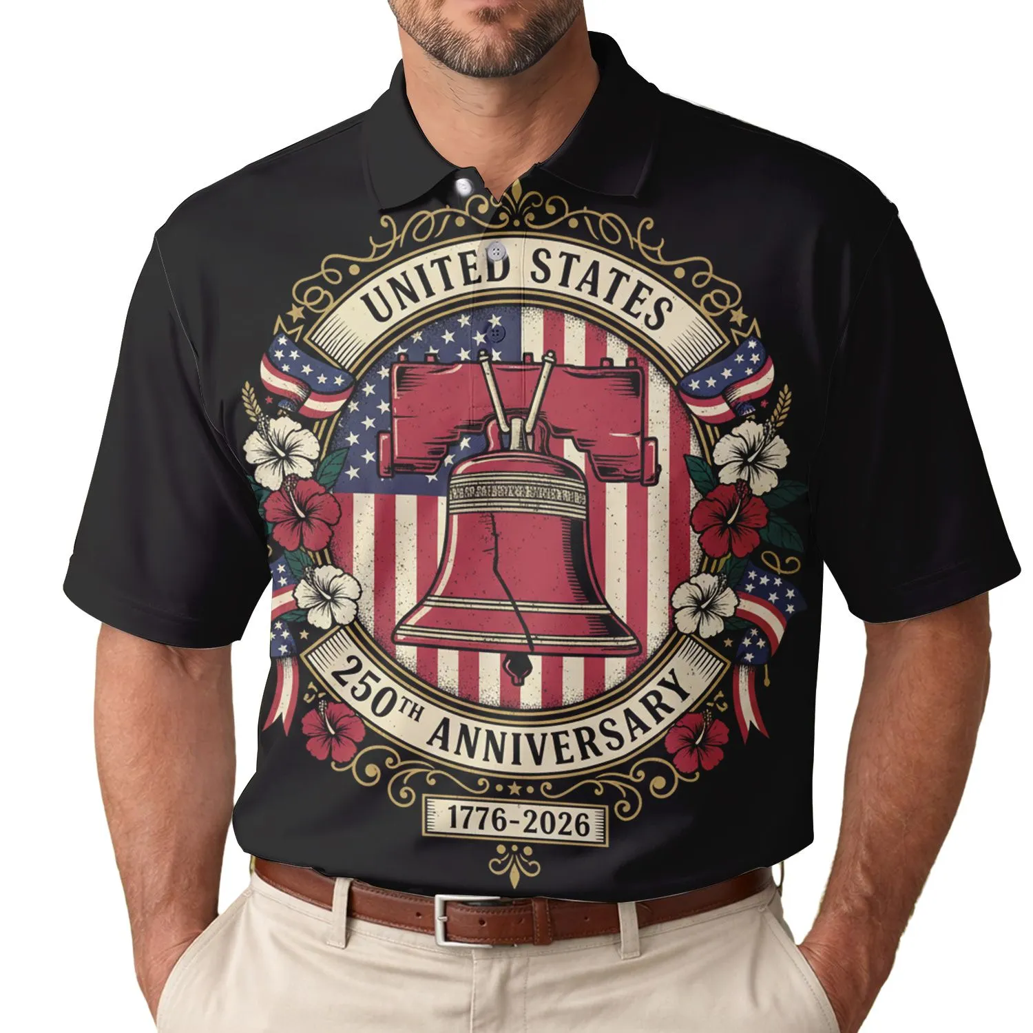 USA 250th Anniversary Liberty Bell 1776-2026 Distressed Flag Hibiscus Emblem Men's Polo Shirt (Lightweight) - 1