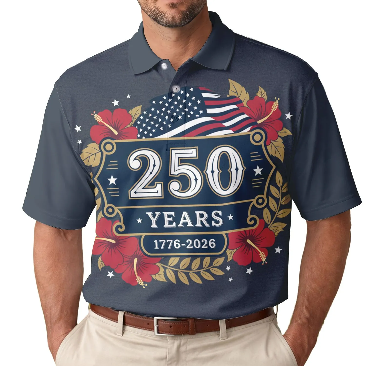America 250th Anniversary Patriotic Polo Banner 1776-2026 Stars Flag Hibiscus Men's Polo Shirt (Lightweight) - 1