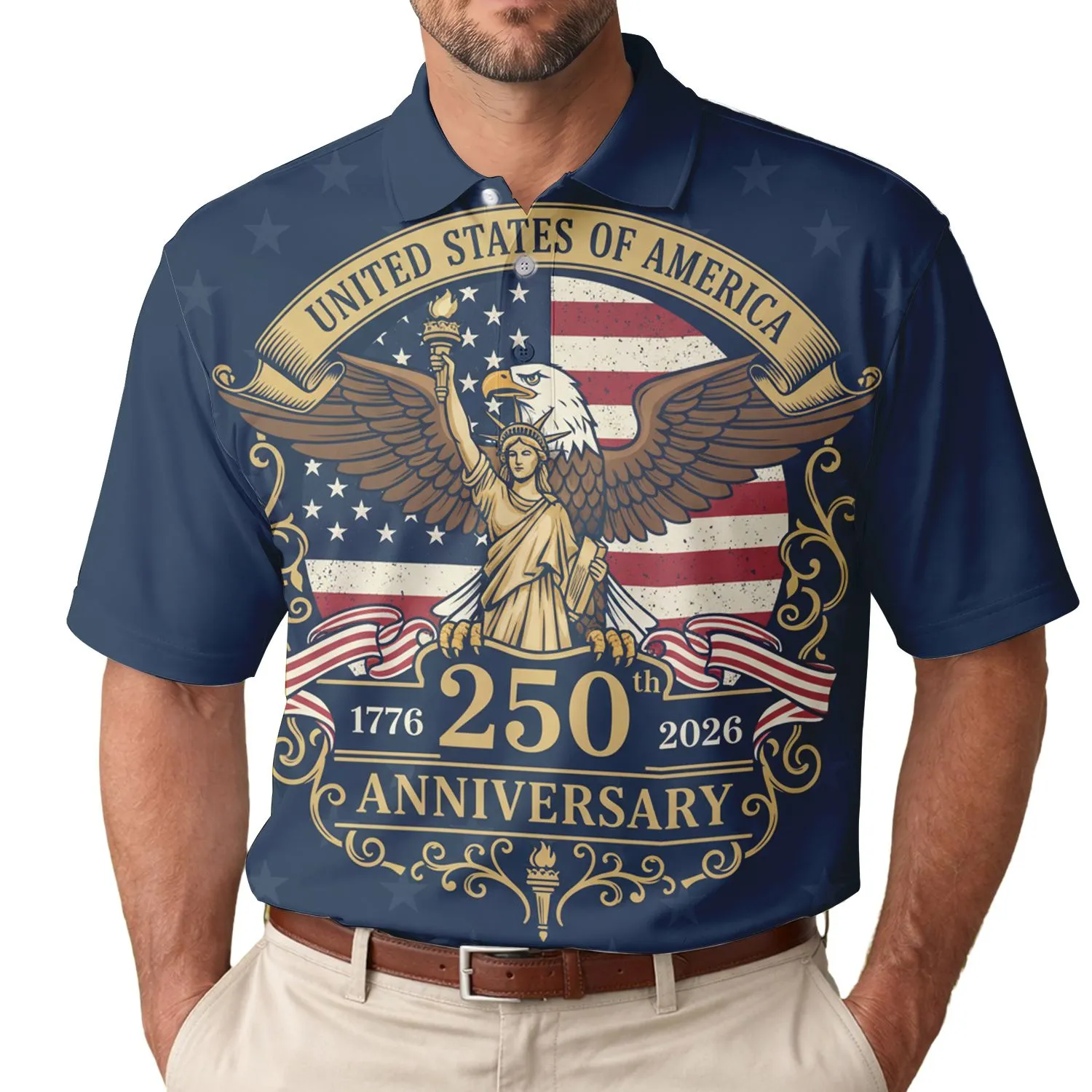USA 250th Anniversary Bald Eagle Lady Liberty Distressed Flag 1776 2026 Scrollwork Men's Polo Shirt (Lightweight) - 1