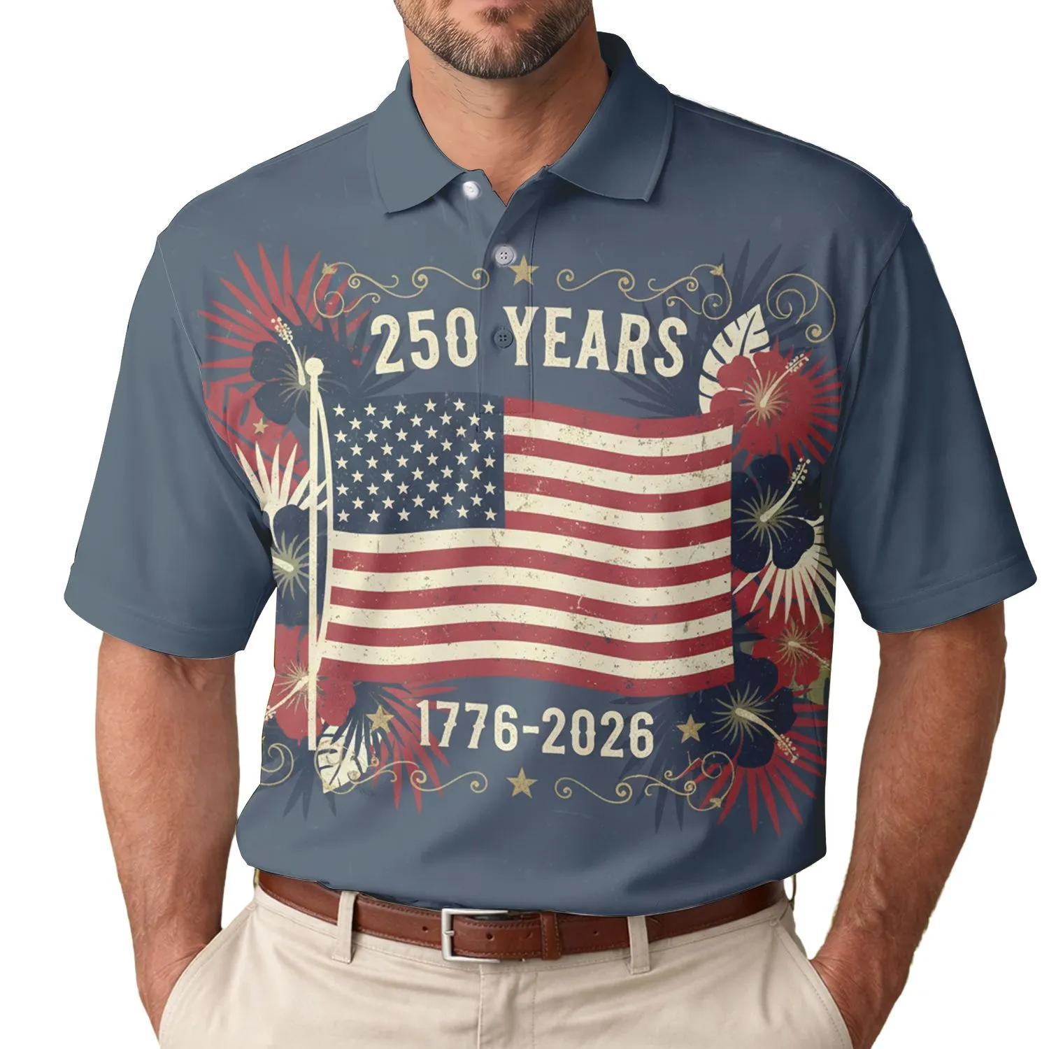 America 250th Anniversary Distressed Flag Tropical Palm Hibiscus Patriotic 1776-2026 Men's Polo Shirt (Lightweight) - 1