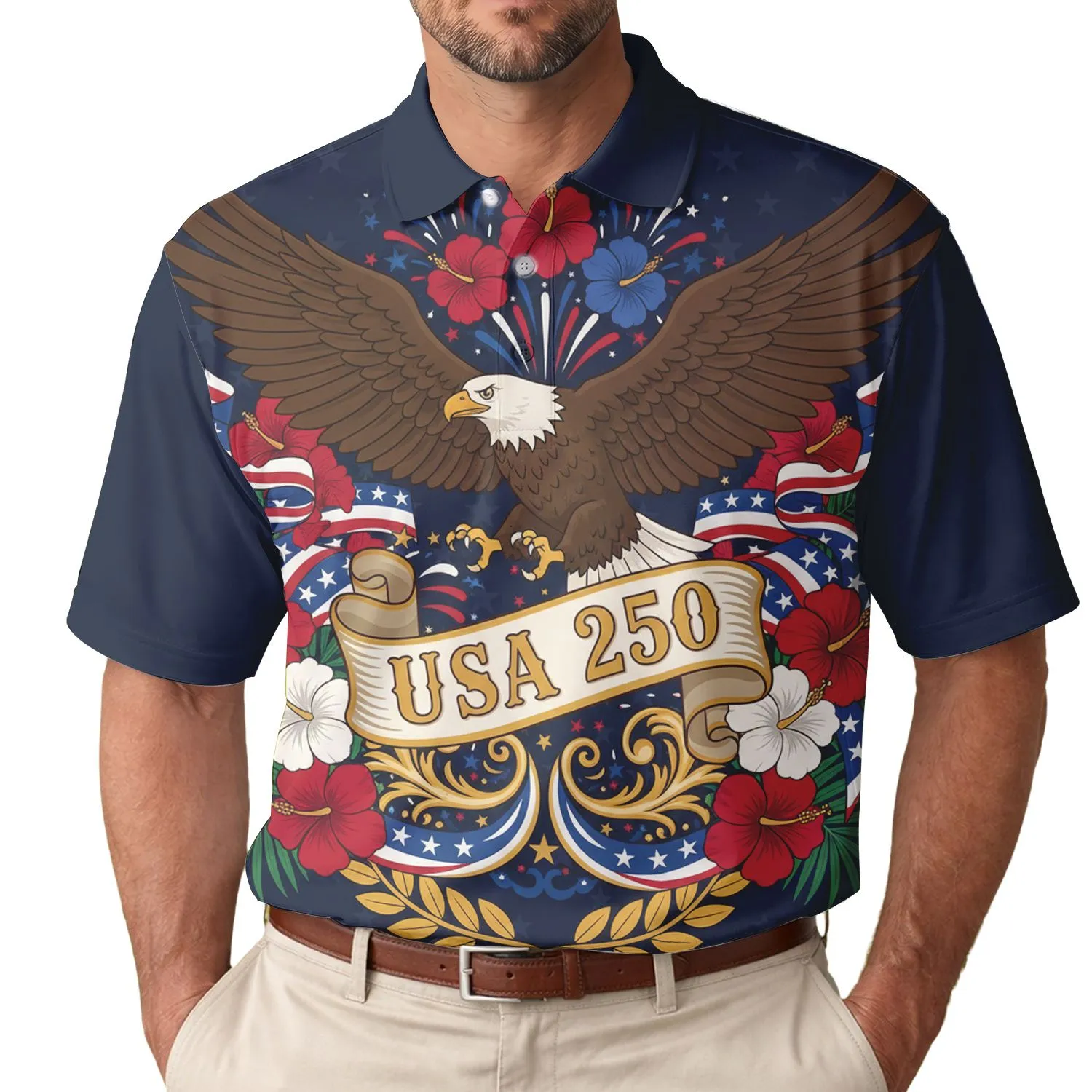 America 250th Semiquincentennial: Soaring Eagle, Hibiscus, Stars & Stripes Design Men's Polo Shirt (Lightweight) - 1