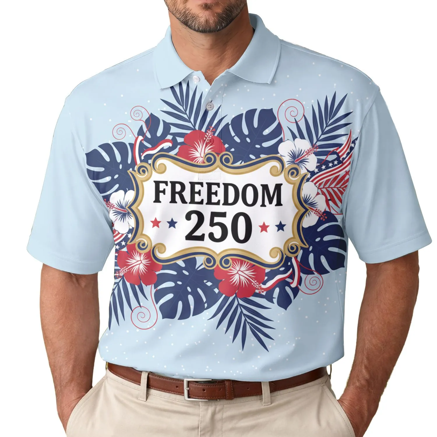 America 250th Freedom Tropical Polo Patriotic Hibiscus Commemorative Banner Men's Polo Shirt (Lightweight) - 1
