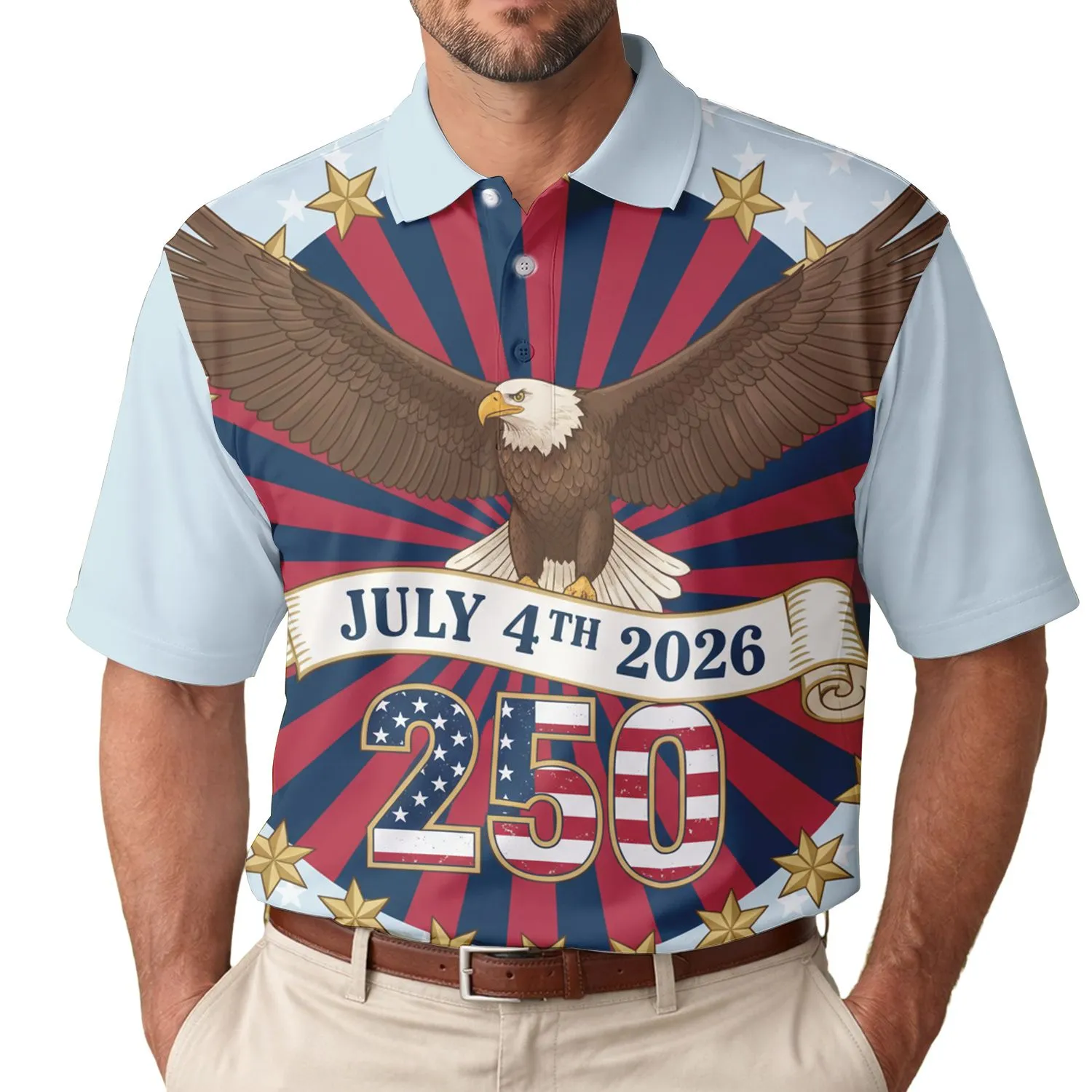 America 250th Semiquincentennial Bald Eagle July 4th 2026 Flag Stars Men's Polo Shirt (Lightweight) - 1