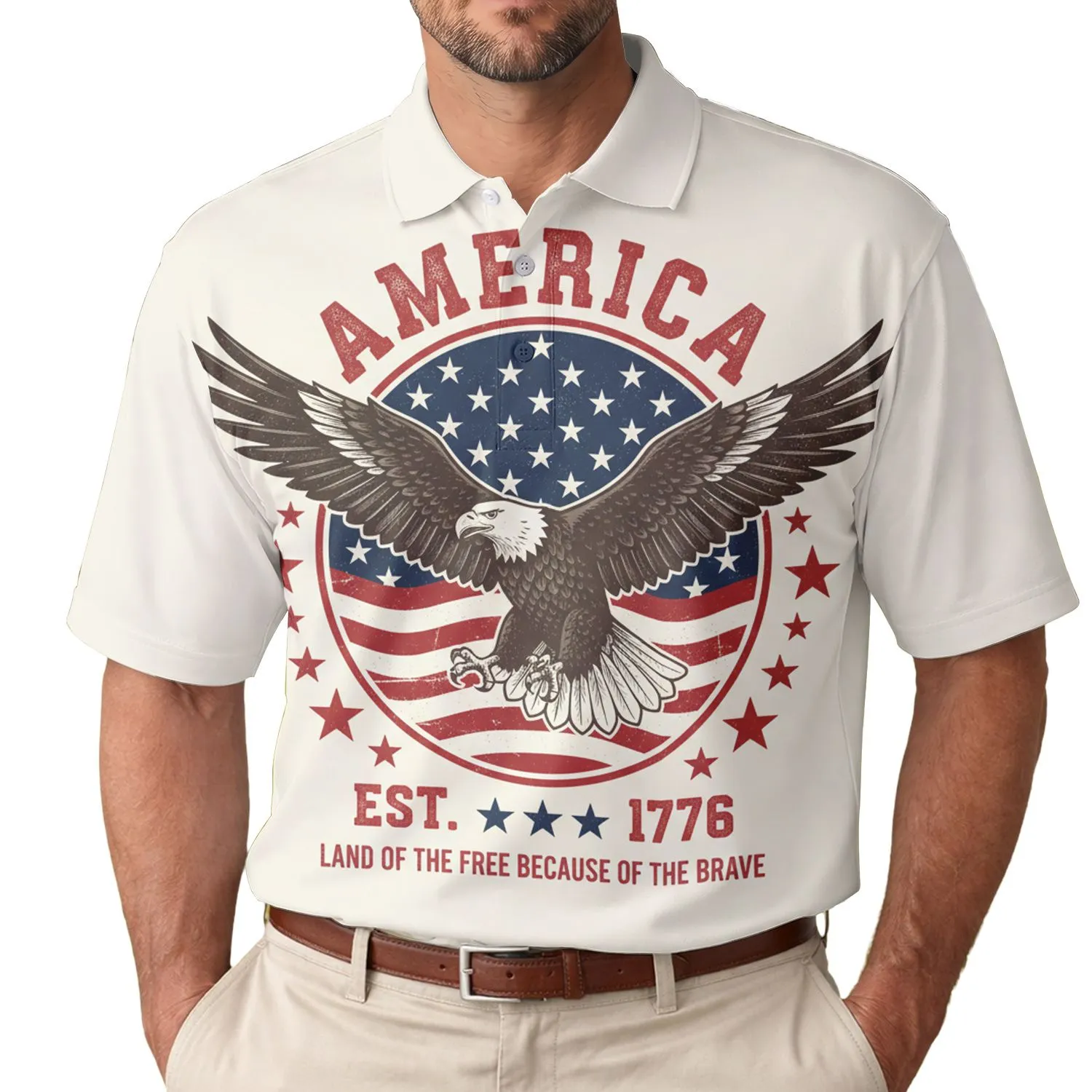 America 250th Birthday Patriotic Bald Eagle Flag Emblem, Est. 1776 Tribute Men's Polo Shirt (Lightweight) - 1